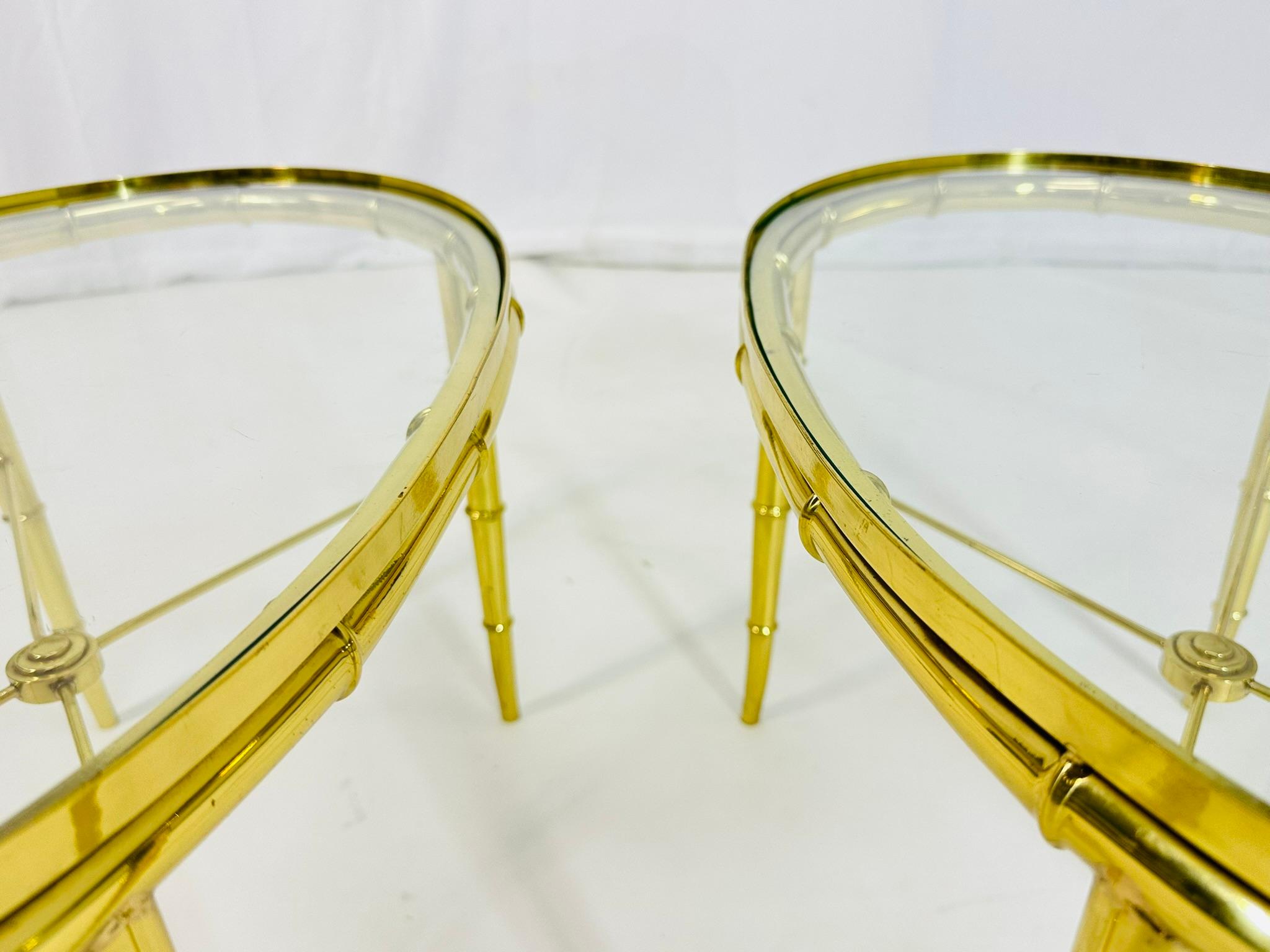 Pair of Faux Bamboo Brass & Glass, Oval Side Tables in the style of Mastercraft For Sale 5