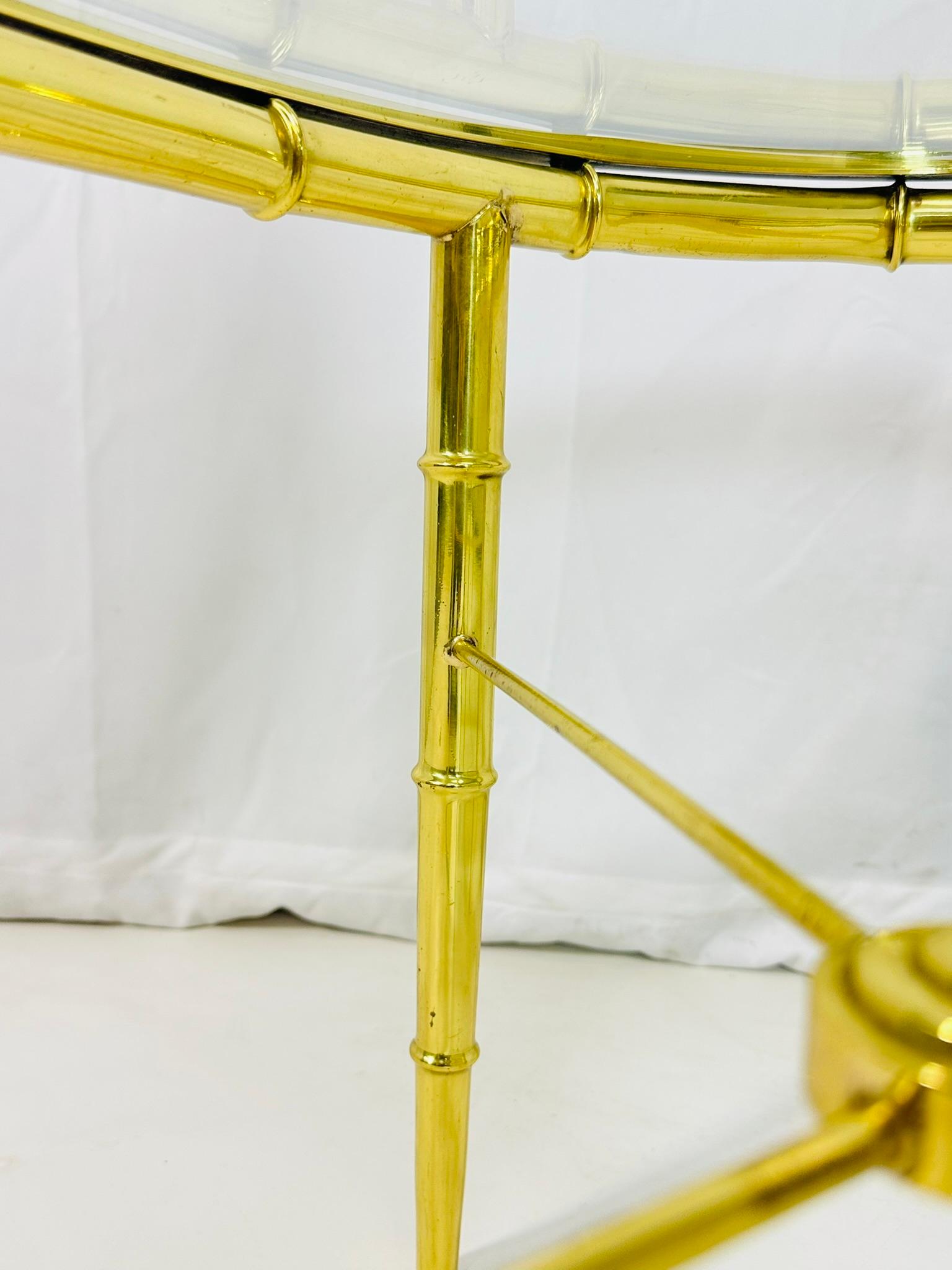 Pair of Faux Bamboo Brass & Glass, Oval Side Tables in the style of Mastercraft For Sale 7