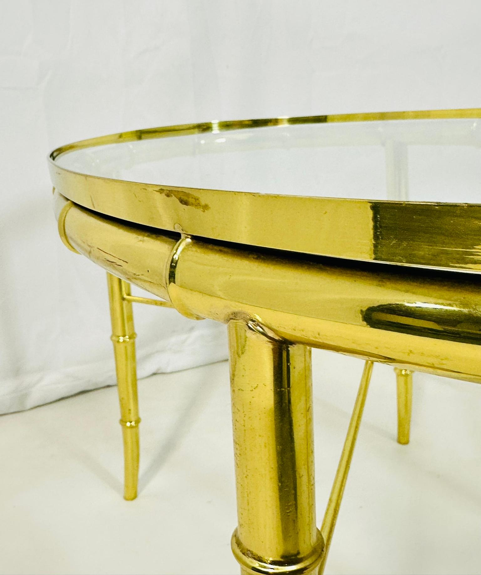 Pair of Faux Bamboo Brass & Glass, Oval Side Tables in the style of Mastercraft For Sale 8