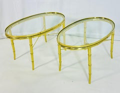 Pair of Faux Bamboo Brass & Glass, Oval Side Tables in the style of Mastercraft