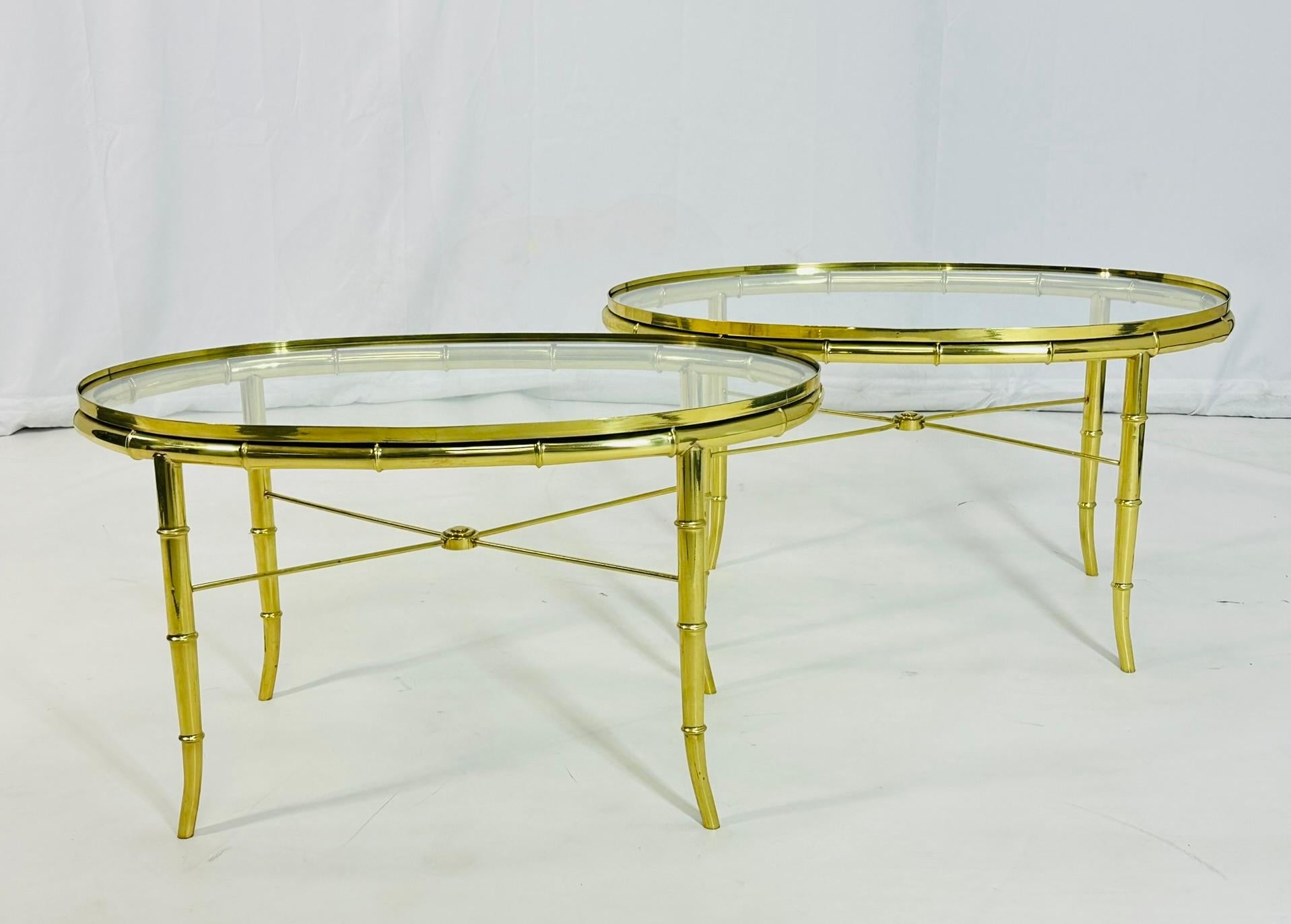 Mid-Century Modern Pair of Faux Bamboo Brass & Glass, Oval Side Tables in the style of Mastercraft For Sale