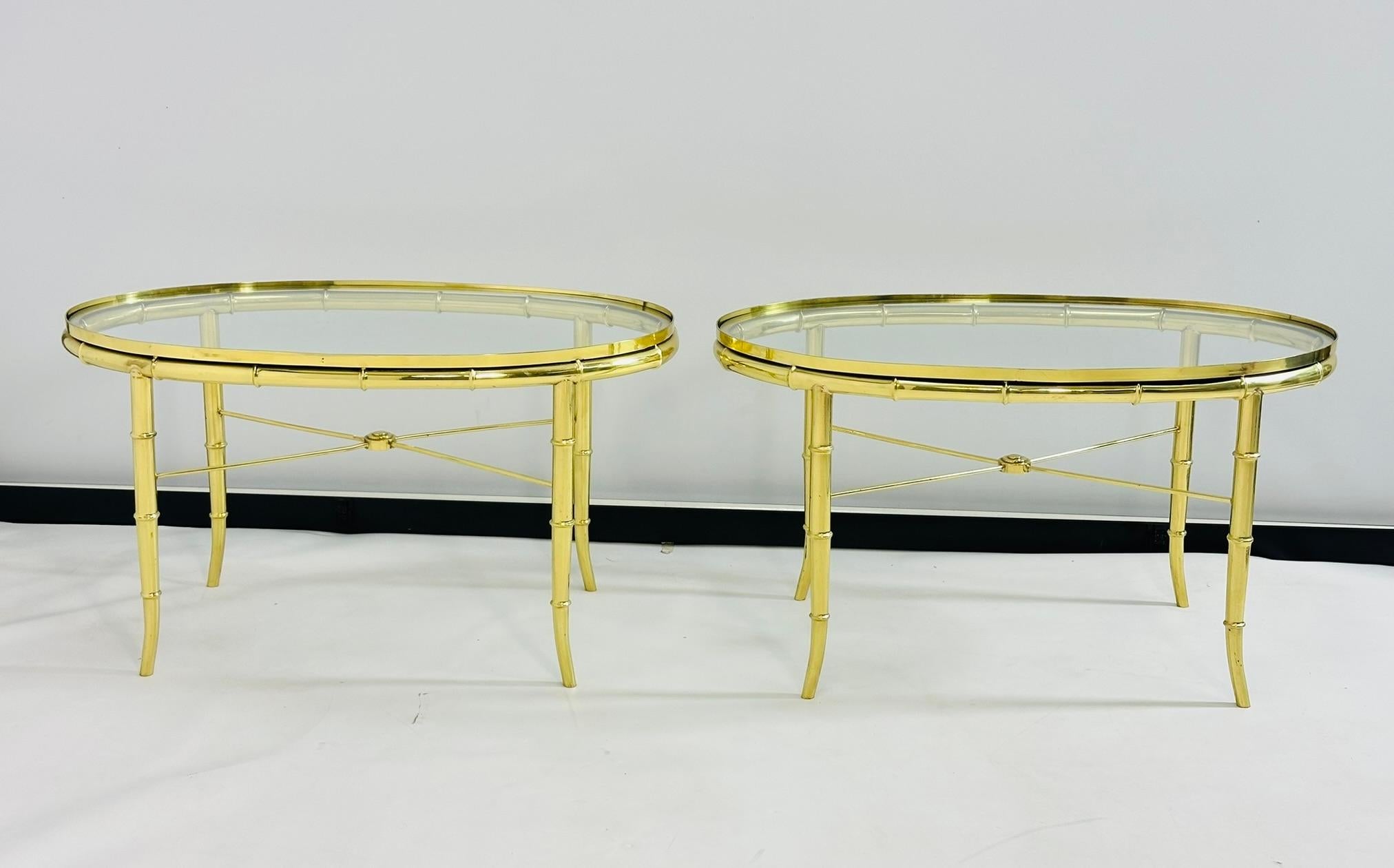 North American Pair of Faux Bamboo Brass & Glass, Oval Side Tables in the style of Mastercraft For Sale