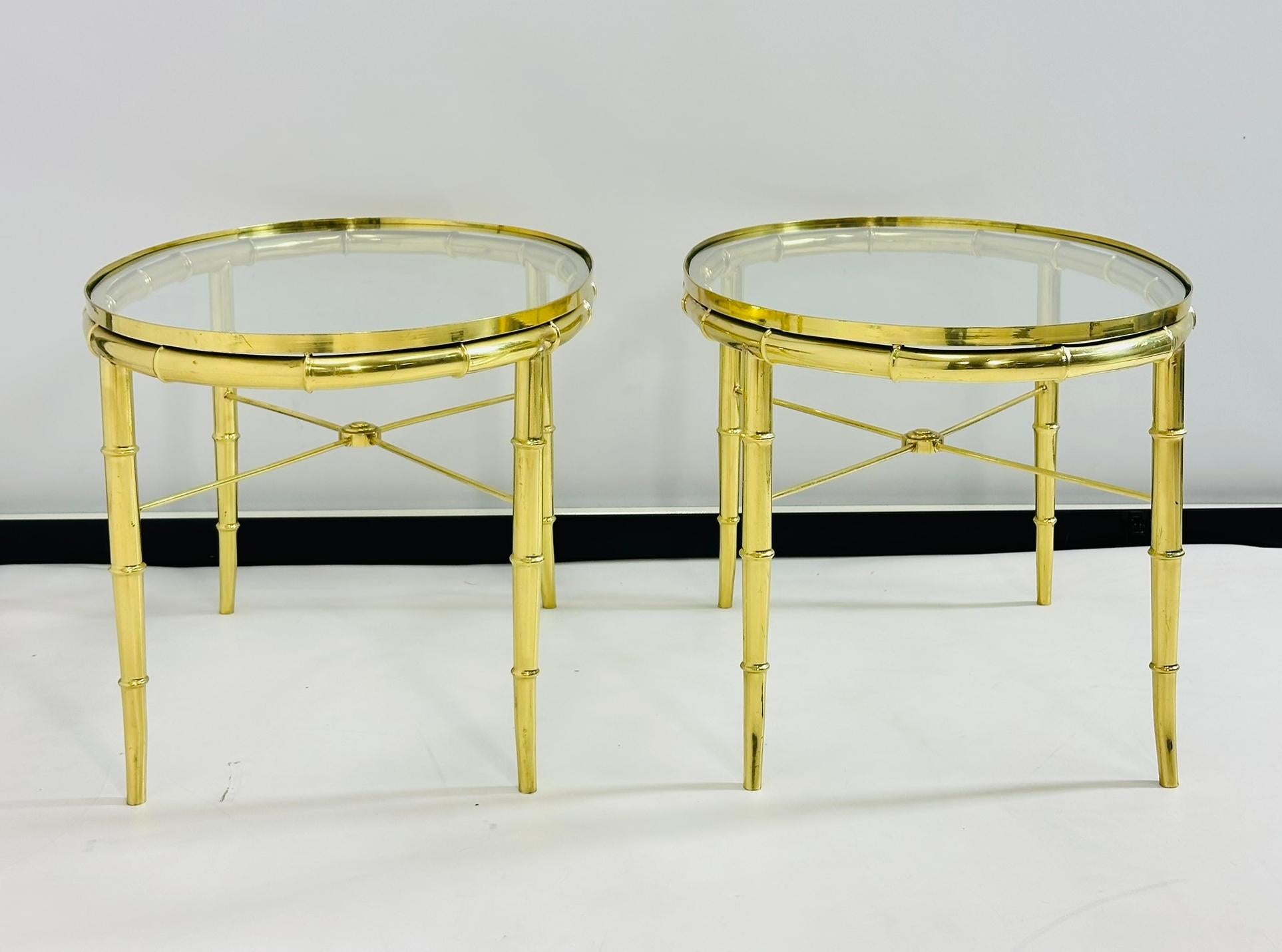 Hand-Crafted Pair of Faux Bamboo Brass & Glass, Oval Side Tables in the style of Mastercraft For Sale