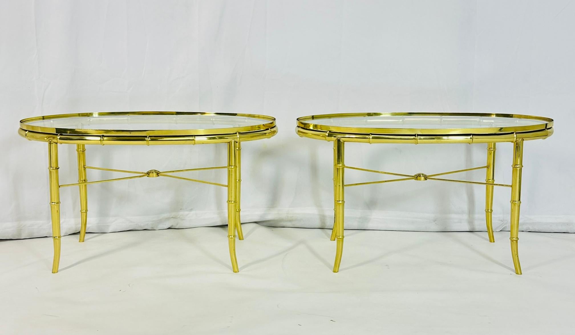 Pair of Faux Bamboo Brass & Glass, Oval Side Tables in the style of Mastercraft In Good Condition For Sale In Los Angeles, CA