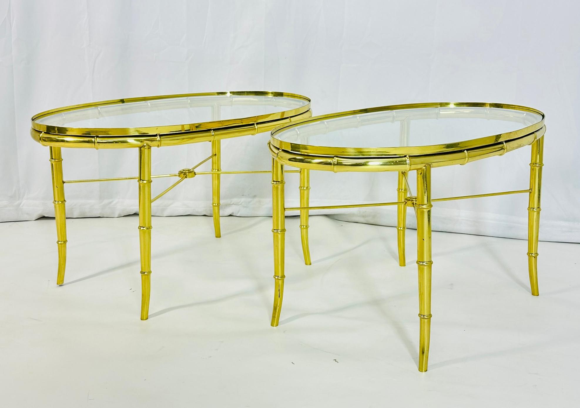 Late 20th Century Pair of Faux Bamboo Brass & Glass, Oval Side Tables in the style of Mastercraft For Sale