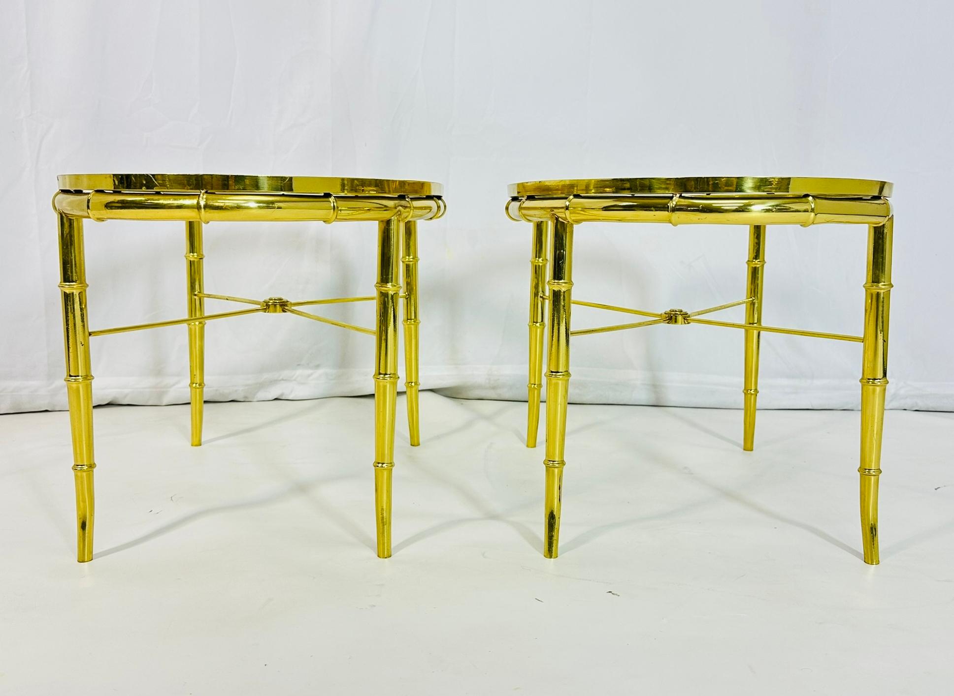 Metal Pair of Faux Bamboo Brass & Glass, Oval Side Tables in the style of Mastercraft For Sale