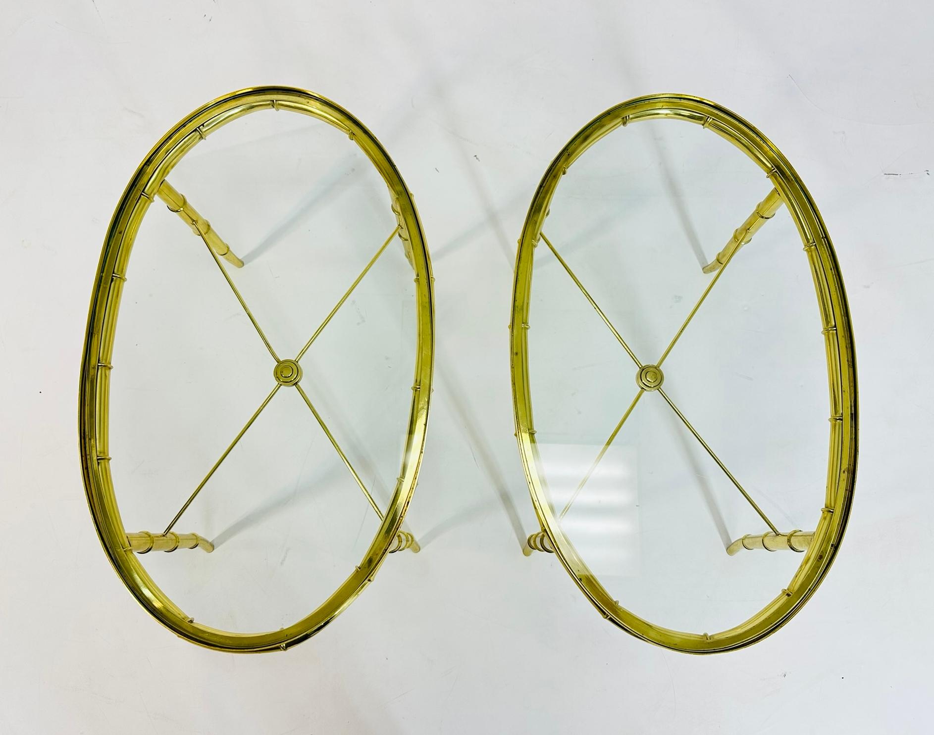 Pair of Faux Bamboo Brass & Glass, Oval Side Tables in the style of Mastercraft For Sale 1