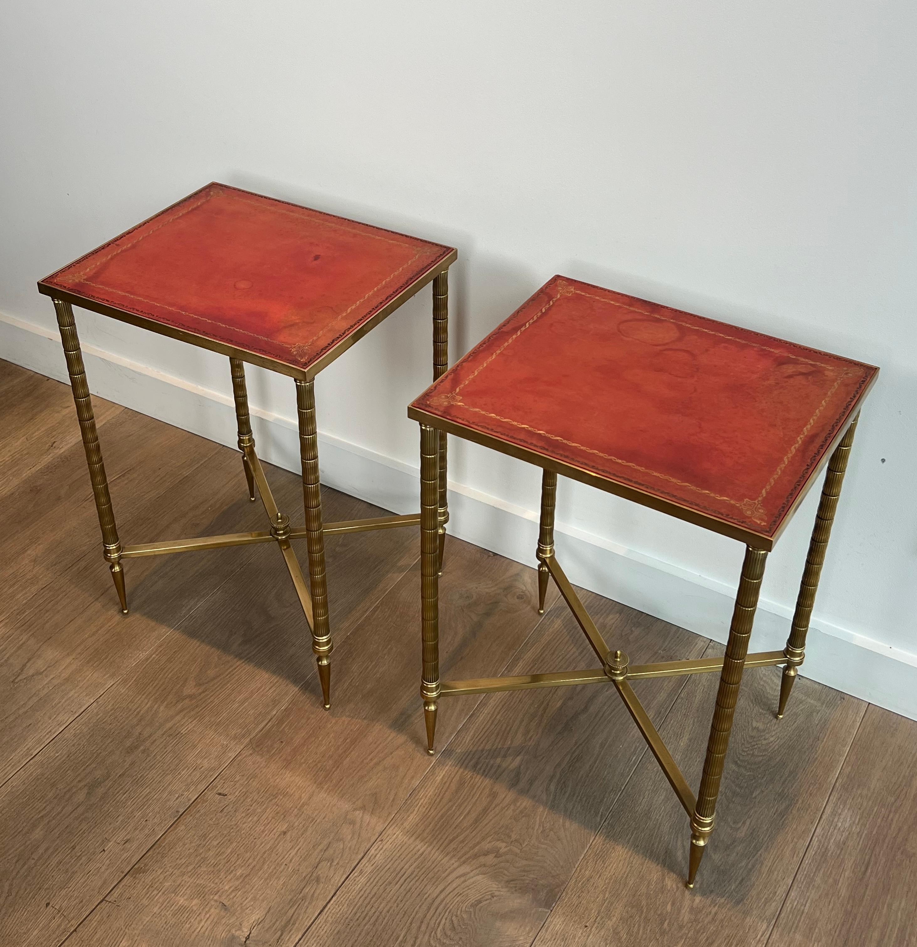 Pair of Faux-Bamboo Brass Side Tables with Red Leather Tops by Maison Jansen 6