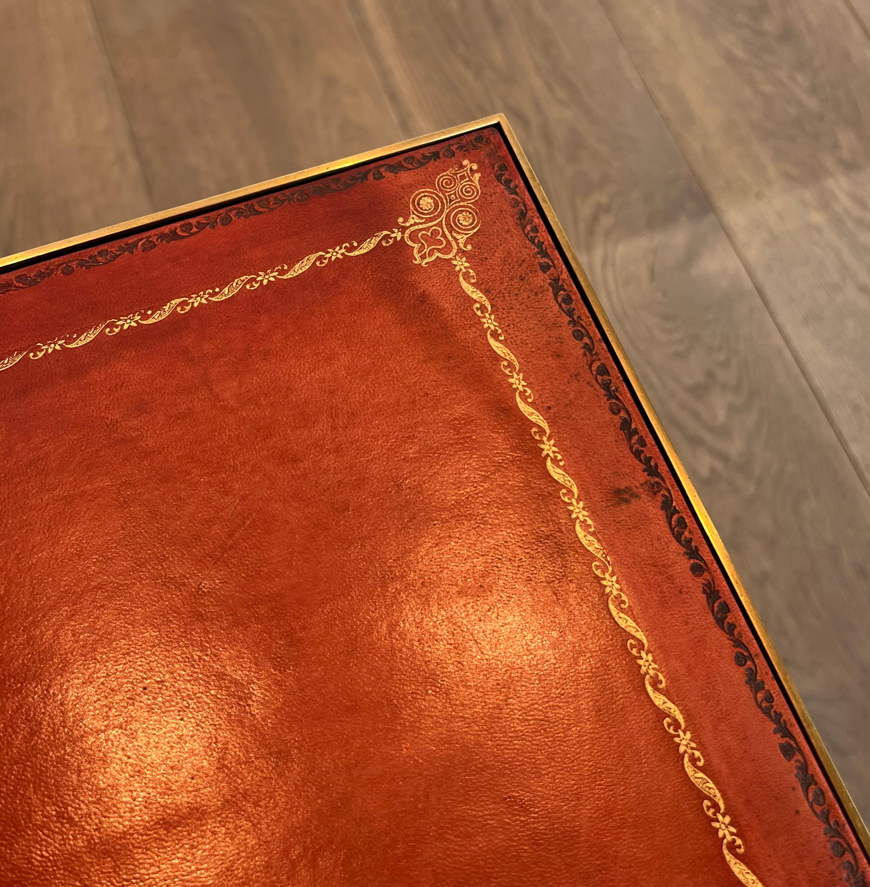 Pair of Faux-Bamboo Brass Side Tables with Red Leather Tops by Maison Jansen 10