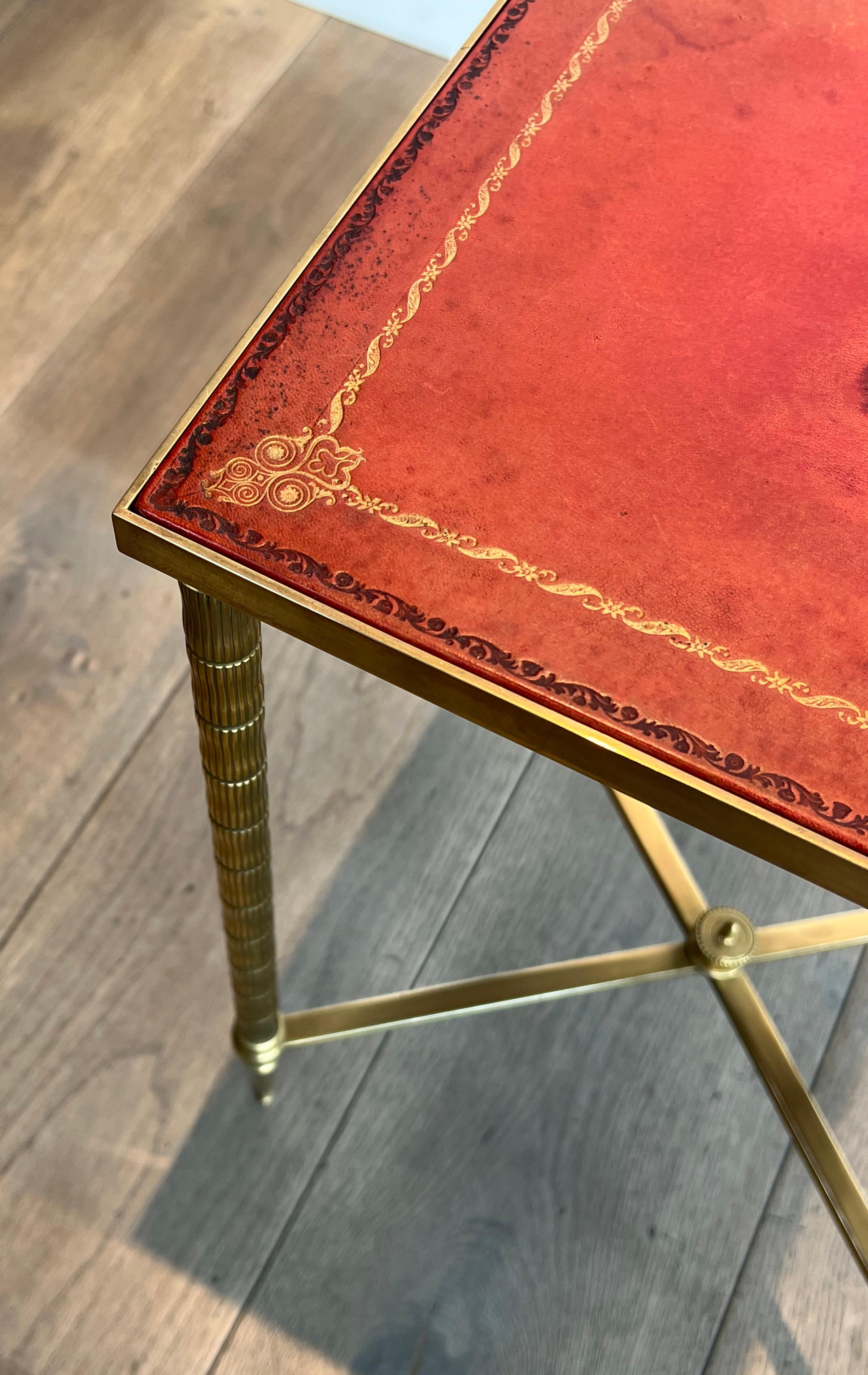 Pair of Faux-Bamboo Brass Side Tables with Red Leather Tops by Maison Jansen 11