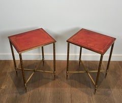 Pair of Faux-Bamboo Brass Side Tables with Red Leather Tops by Maison Jansen