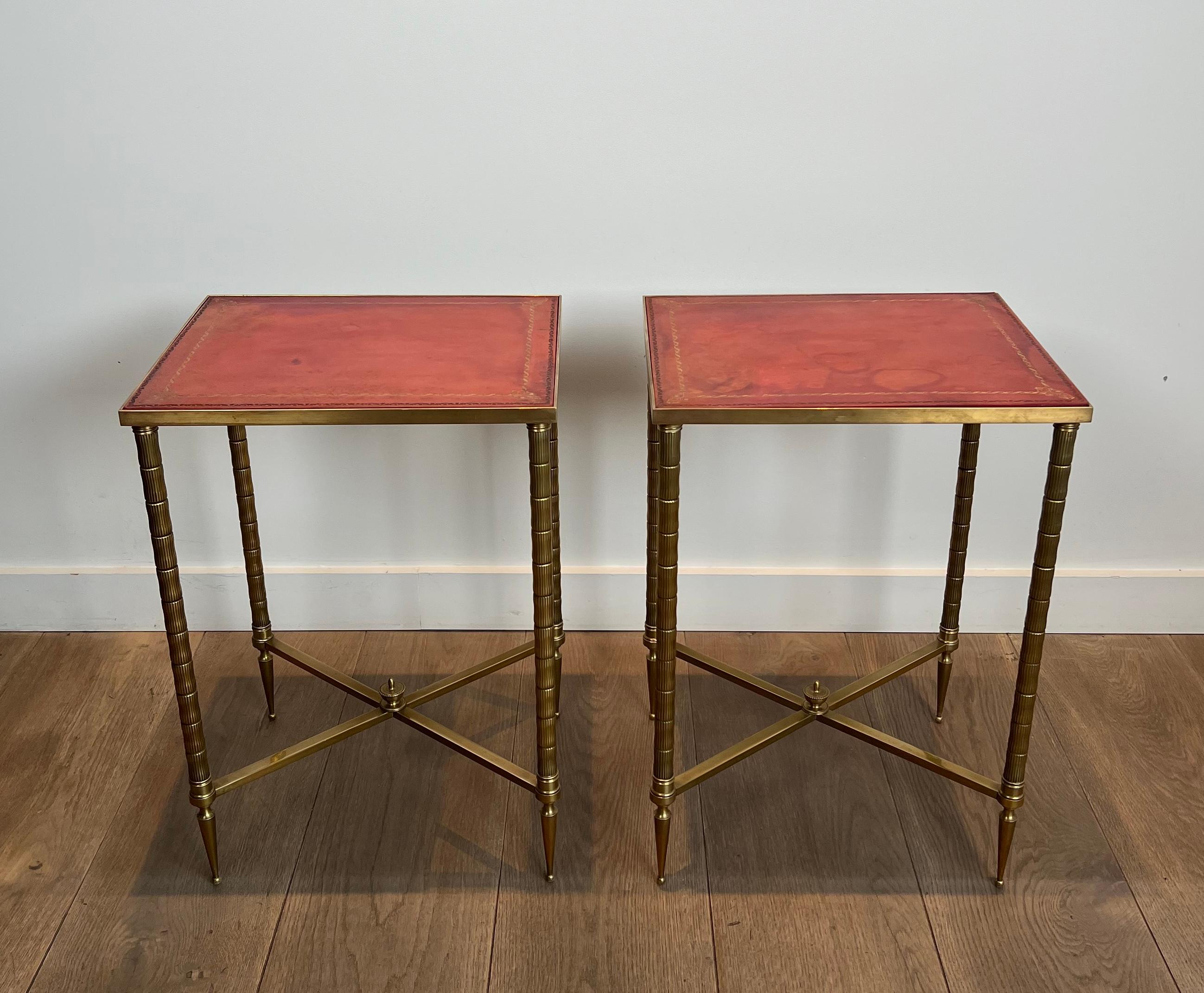 Pair of Faux-Bamboo Brass Side Tables with Red Leather Tops by Maison Jansen 14