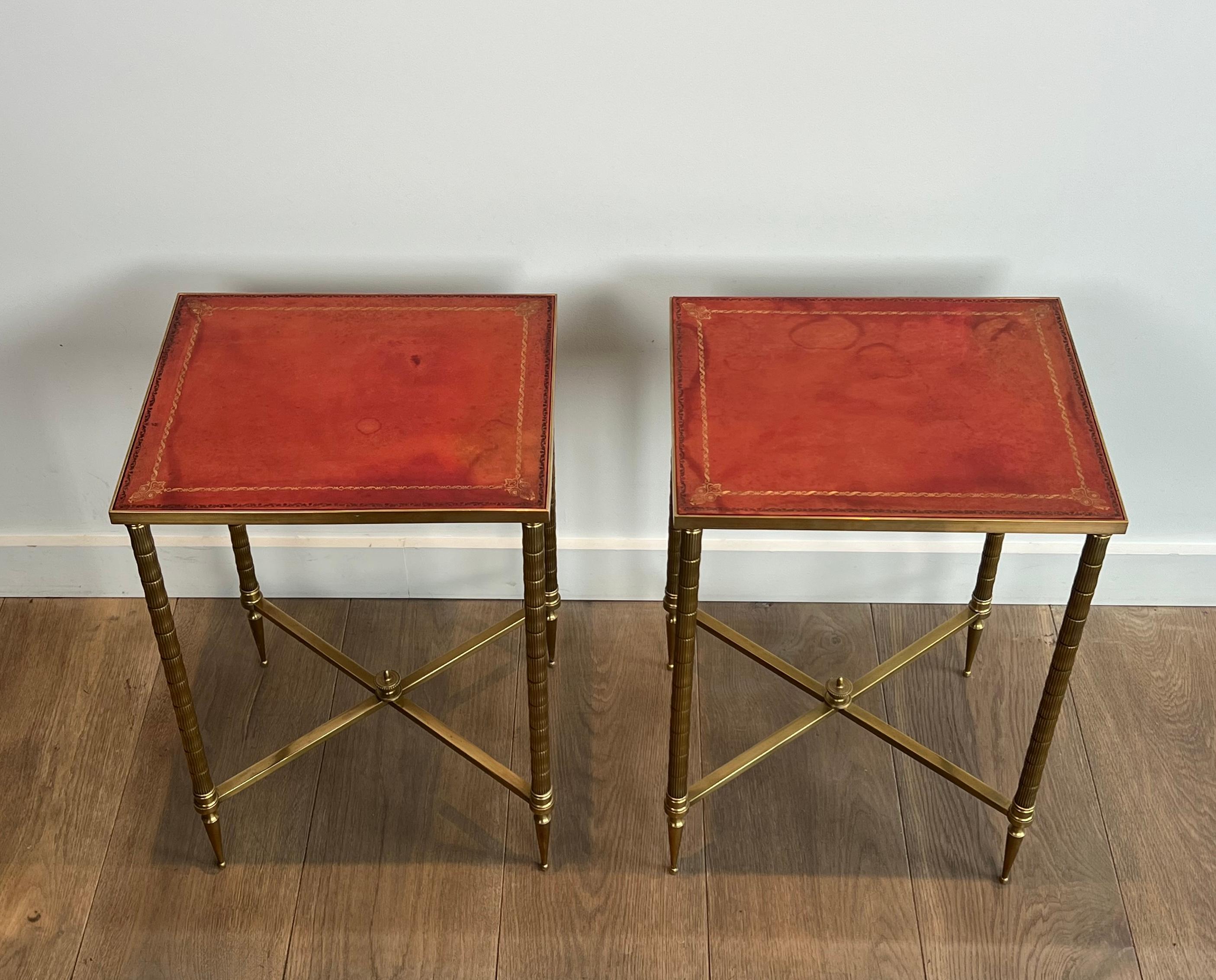 French Pair of Faux-Bamboo Brass Side Tables with Red Leather Tops by Maison Jansen