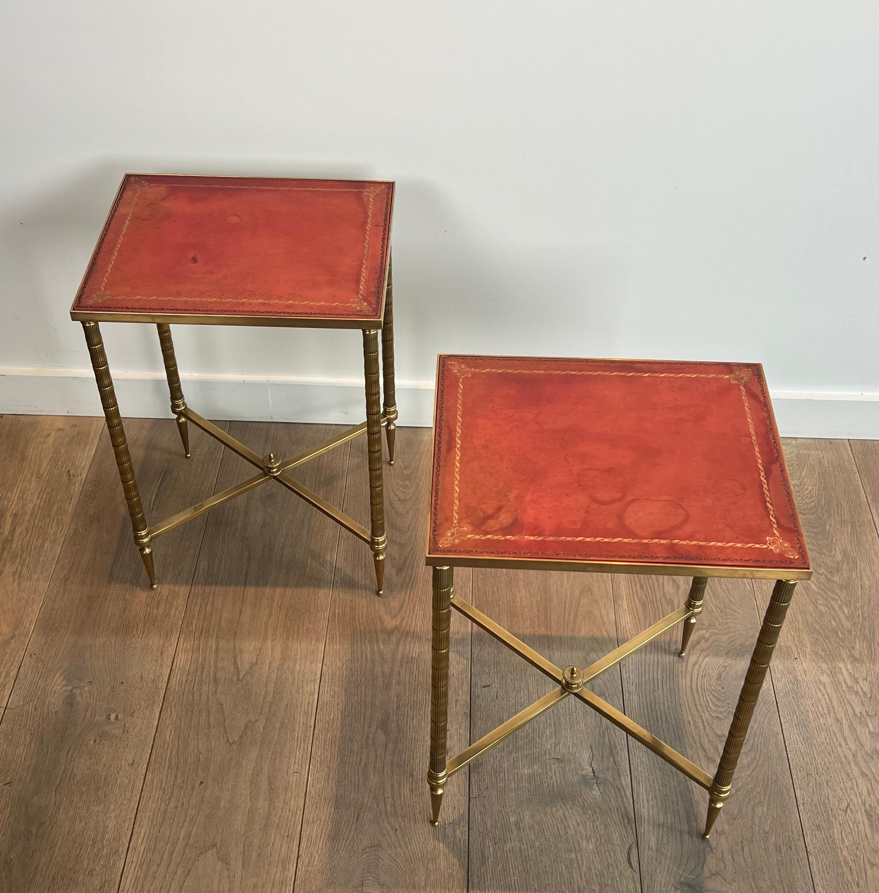 Pair of Faux-Bamboo Brass Side Tables with Red Leather Tops by Maison Jansen In Good Condition In Marcq-en-Barœul, Hauts-de-France