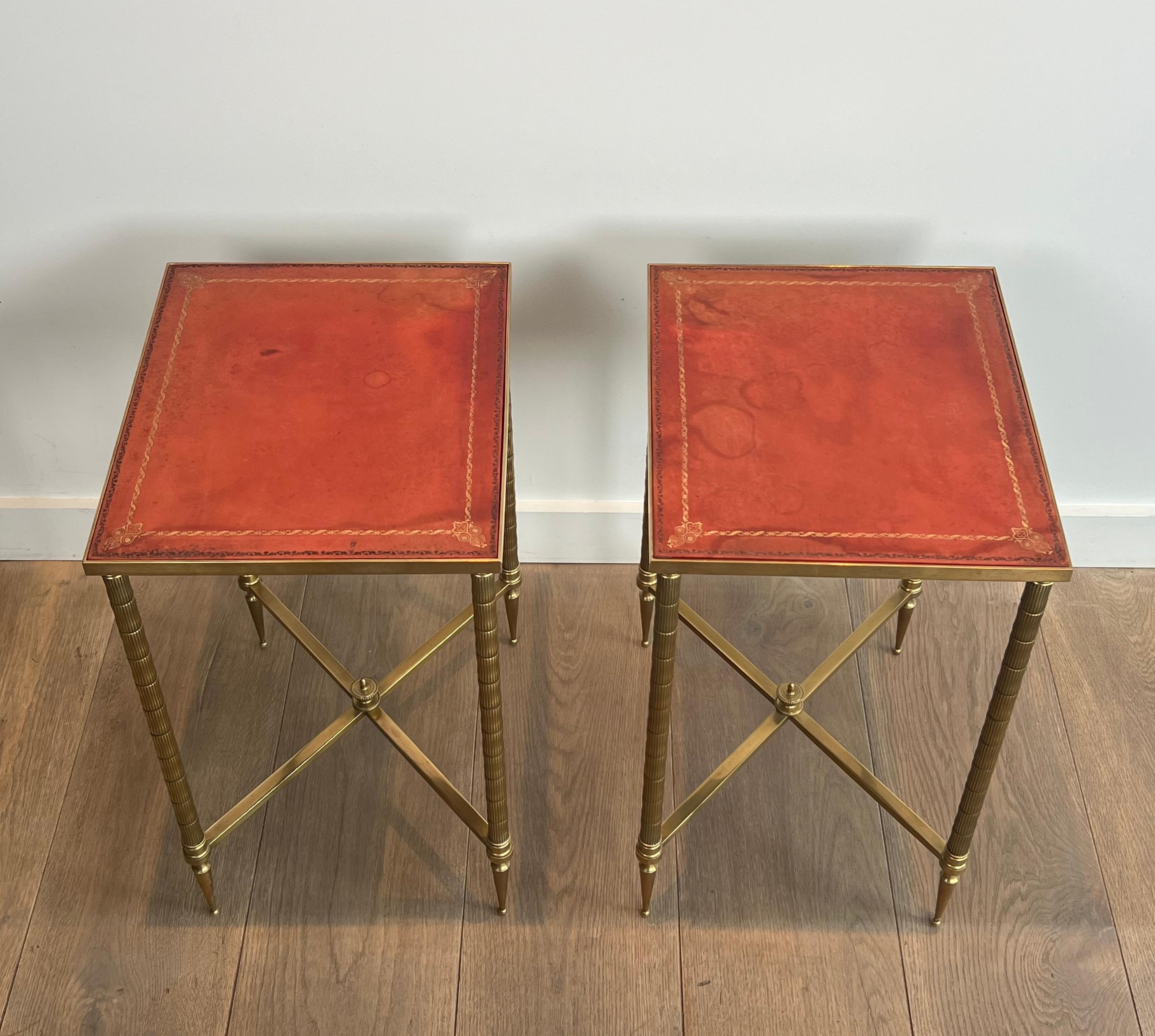 Mid-20th Century Pair of Faux-Bamboo Brass Side Tables with Red Leather Tops by Maison Jansen
