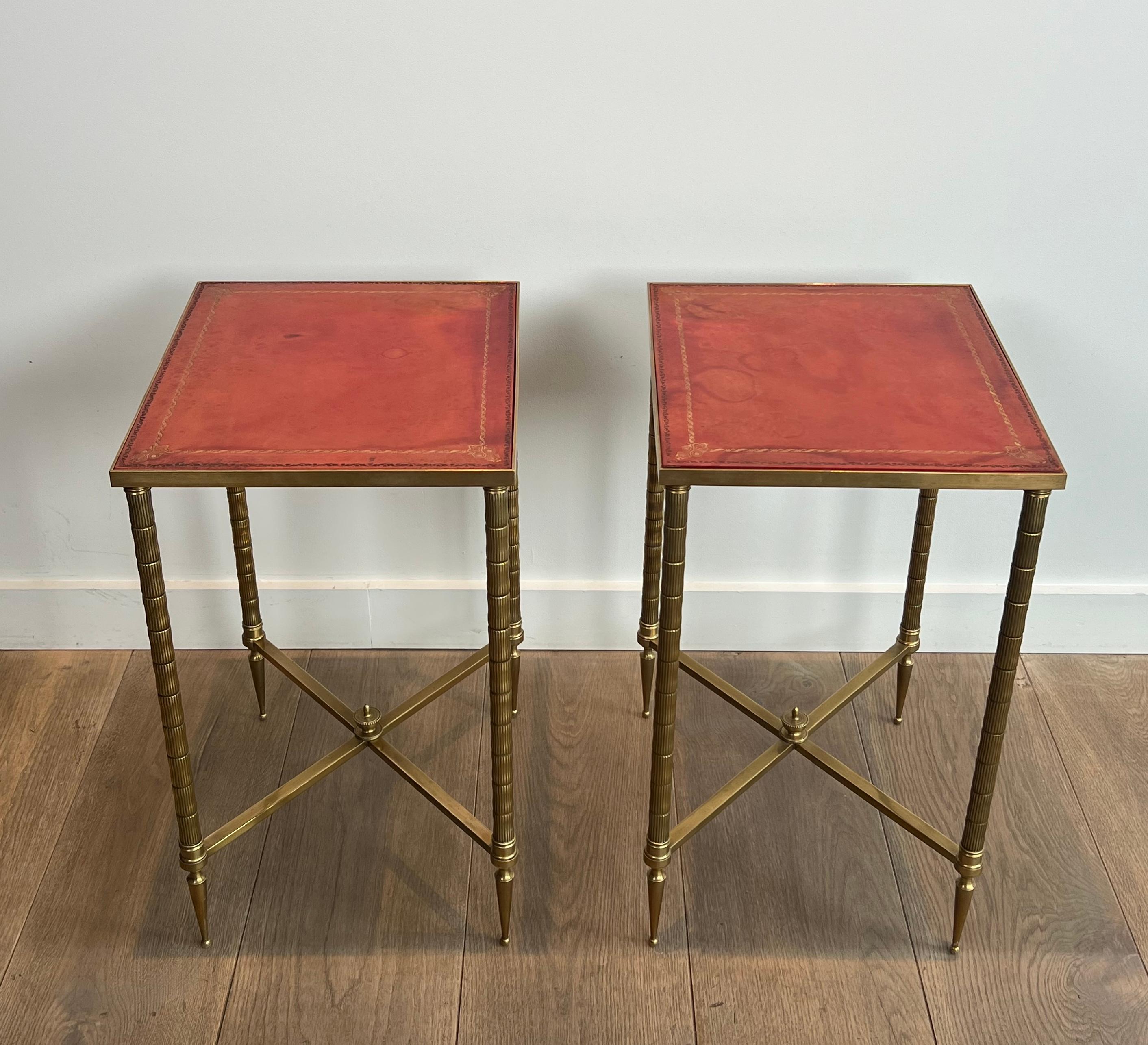 Pair of Faux-Bamboo Brass Side Tables with Red Leather Tops by Maison Jansen 1