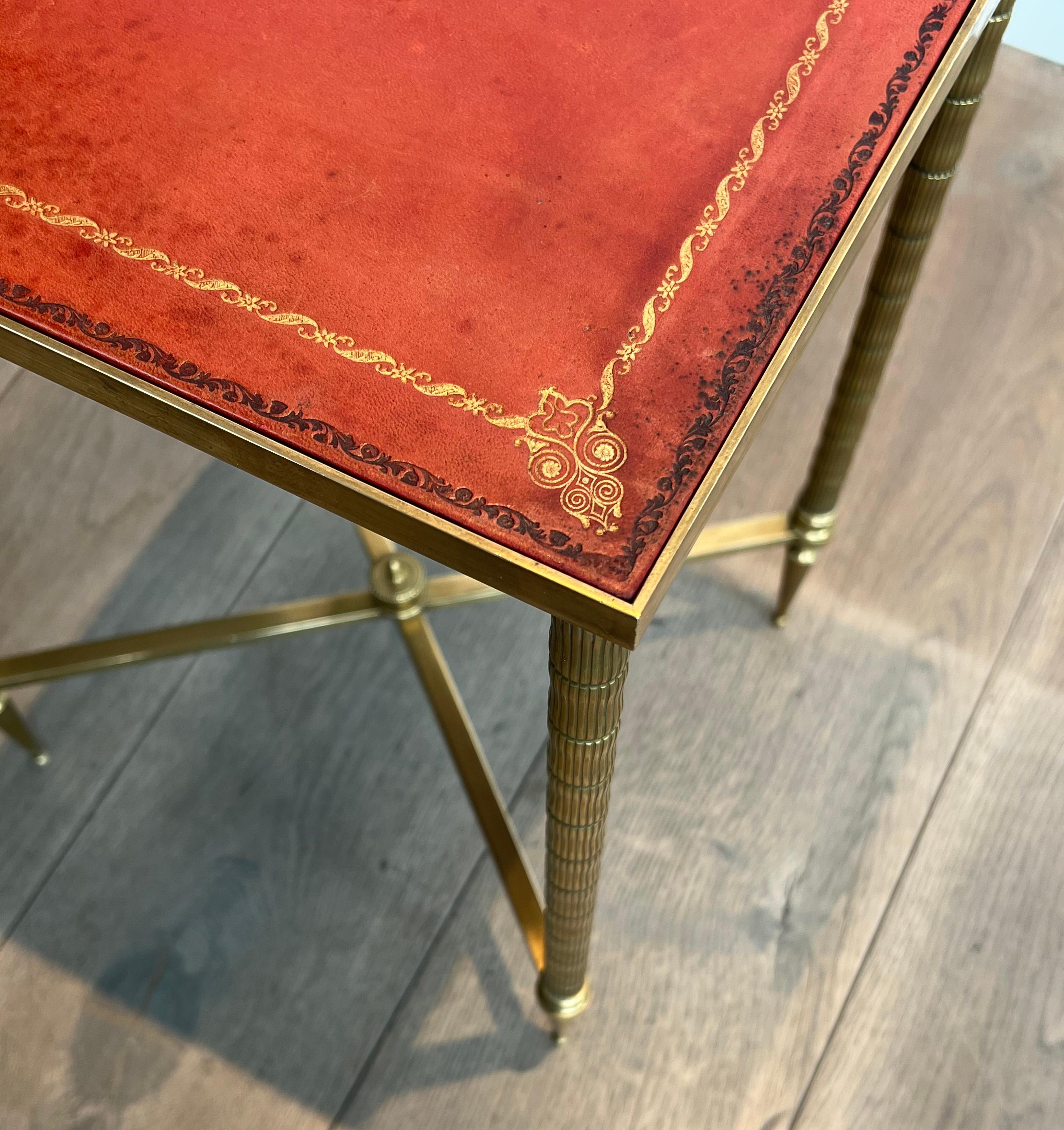 Pair of Faux-Bamboo Brass Side Tables with Red Leather Tops by Maison Jansen 2
