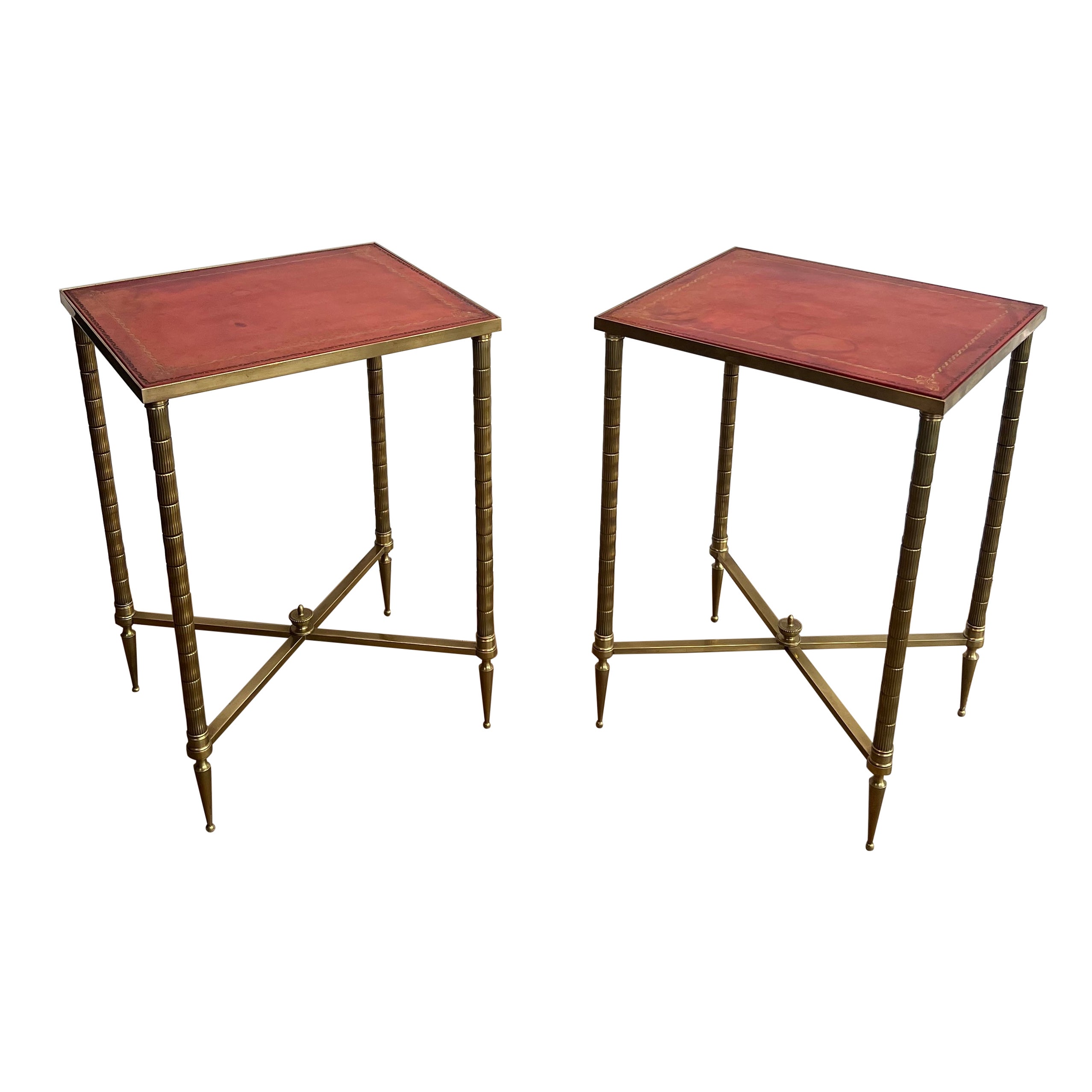 Pair of Faux-Bamboo Brass Side Tables with Red Leather Tops by Maison Jansen