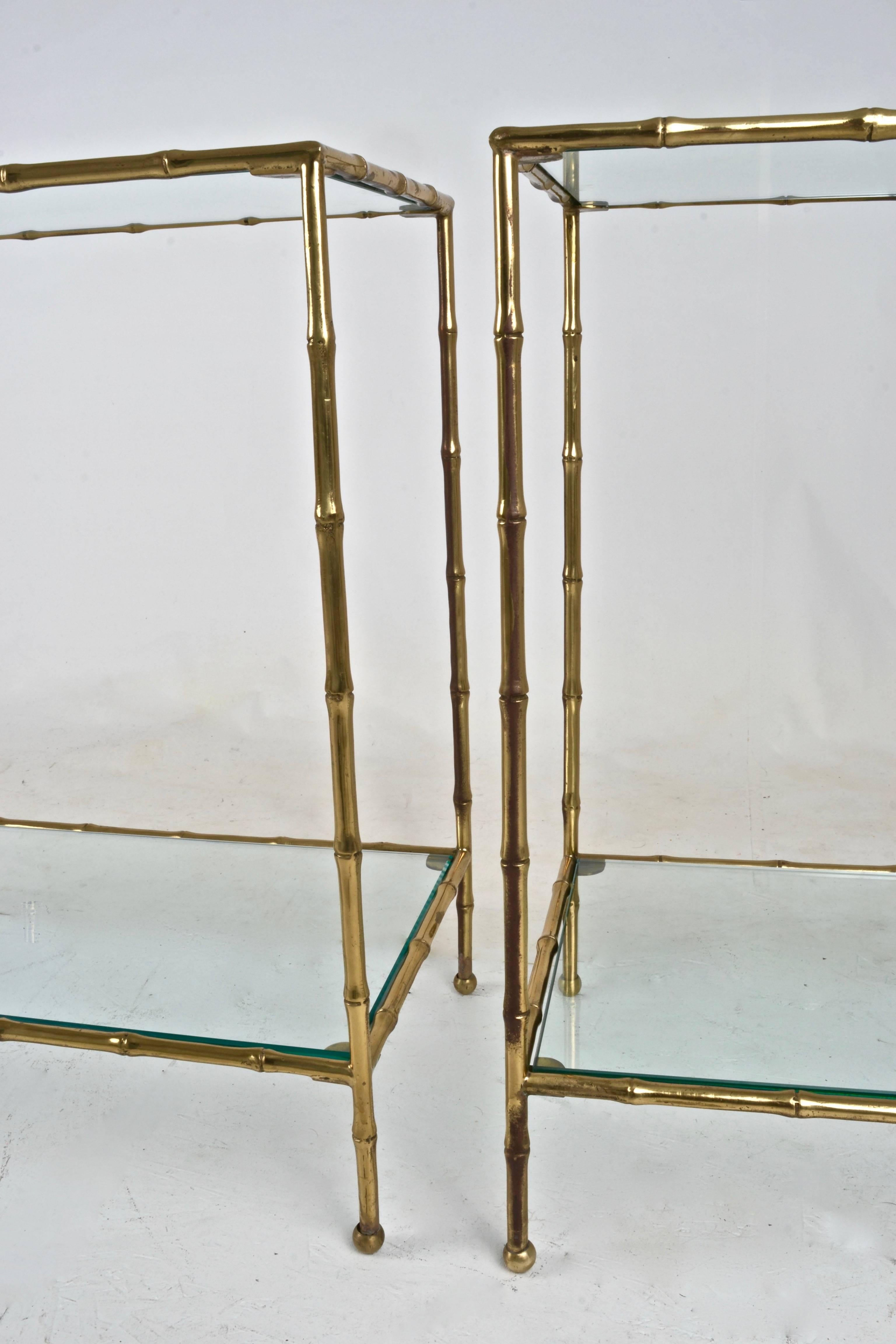 Mid-20th Century Pair of Faux Bamboo Brass Side Tables, France, 1950s