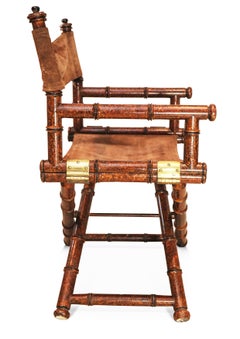 Pair Of Faux Bamboo Brass & Suede Folding Safari Chairs By Galeries Lafayette