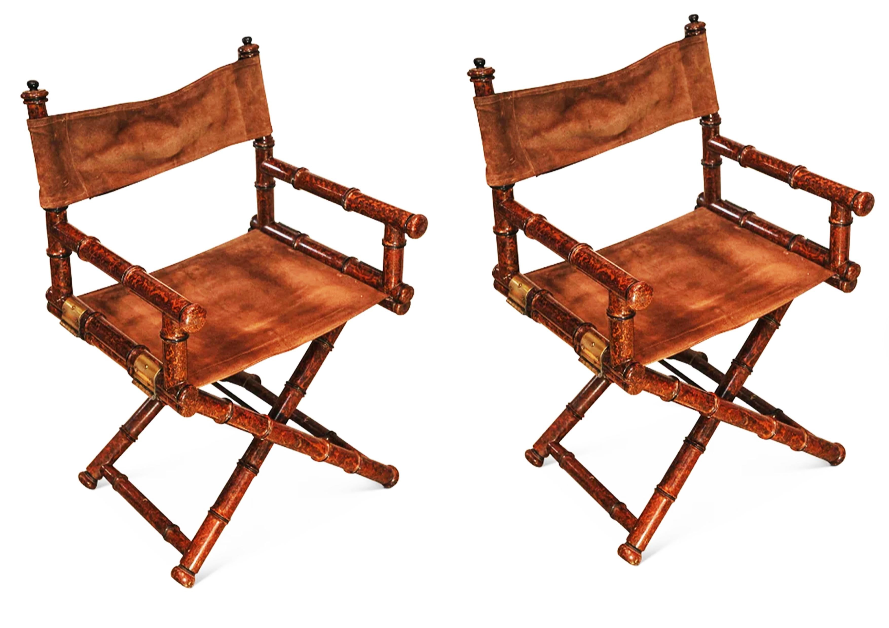 French  Pair Of Faux Bamboo Brass & Suede Folding Safari Chairs By Galeries Lafayette For Sale