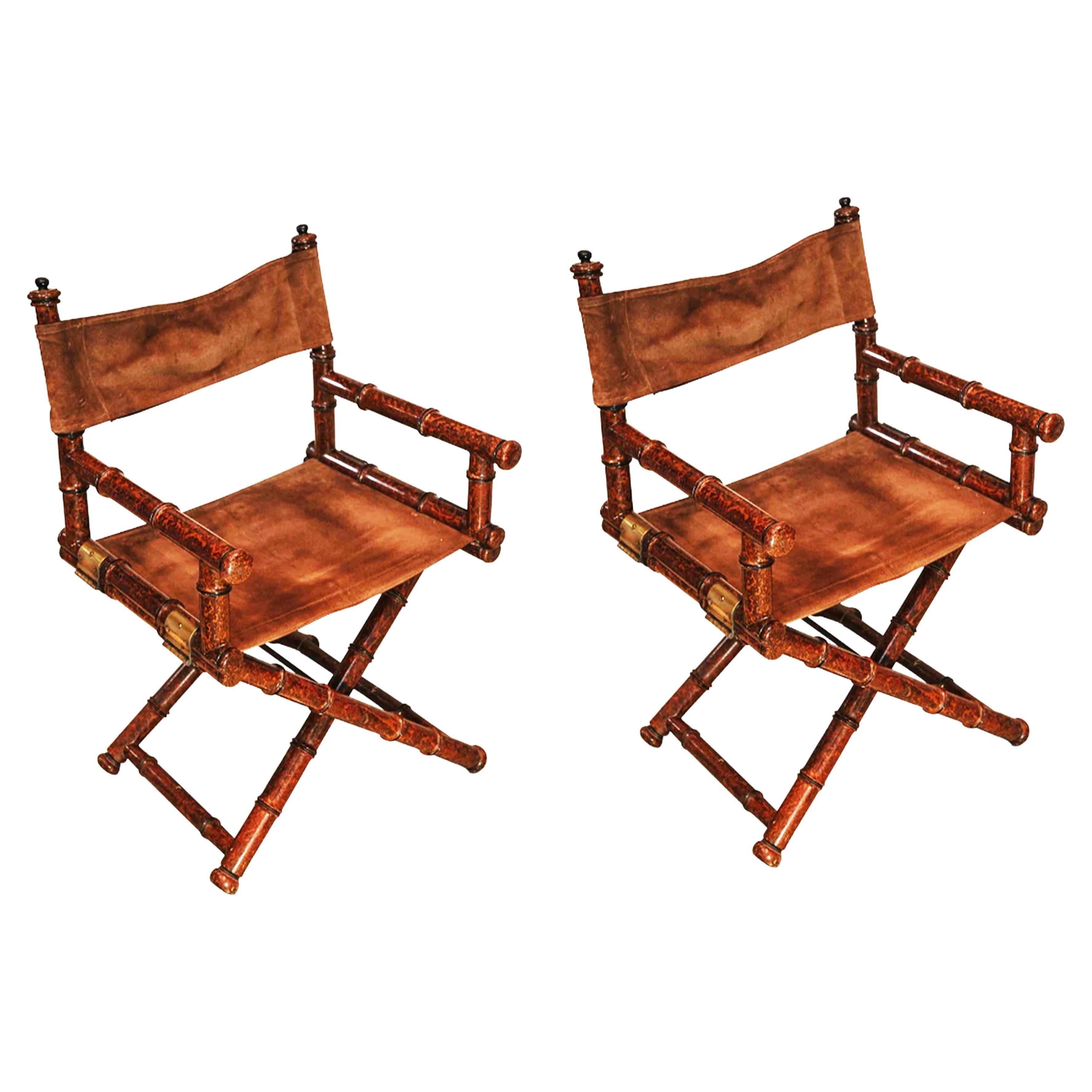  Pair Of Faux Bamboo Brass & Suede Folding Safari Chairs By Galeries Lafayette For Sale