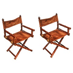  Pair Of Faux Bamboo Brass & Suede Folding Campaign Chairs By Galeries Lafayette