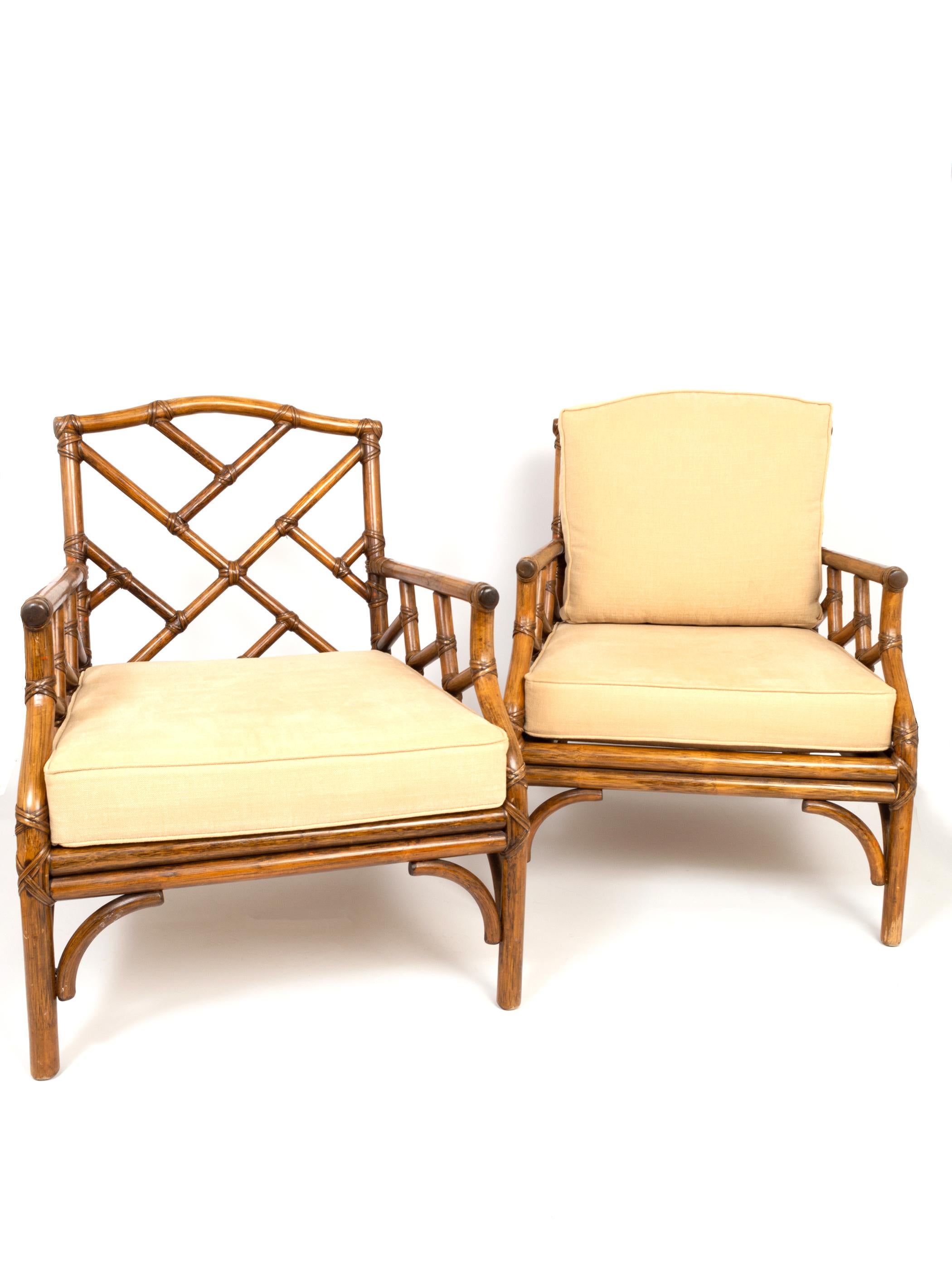 Upholstery Pair of English Faux Bamboo Cane Chinese Chippendale Lounge Armchairs C.1960 For Sale