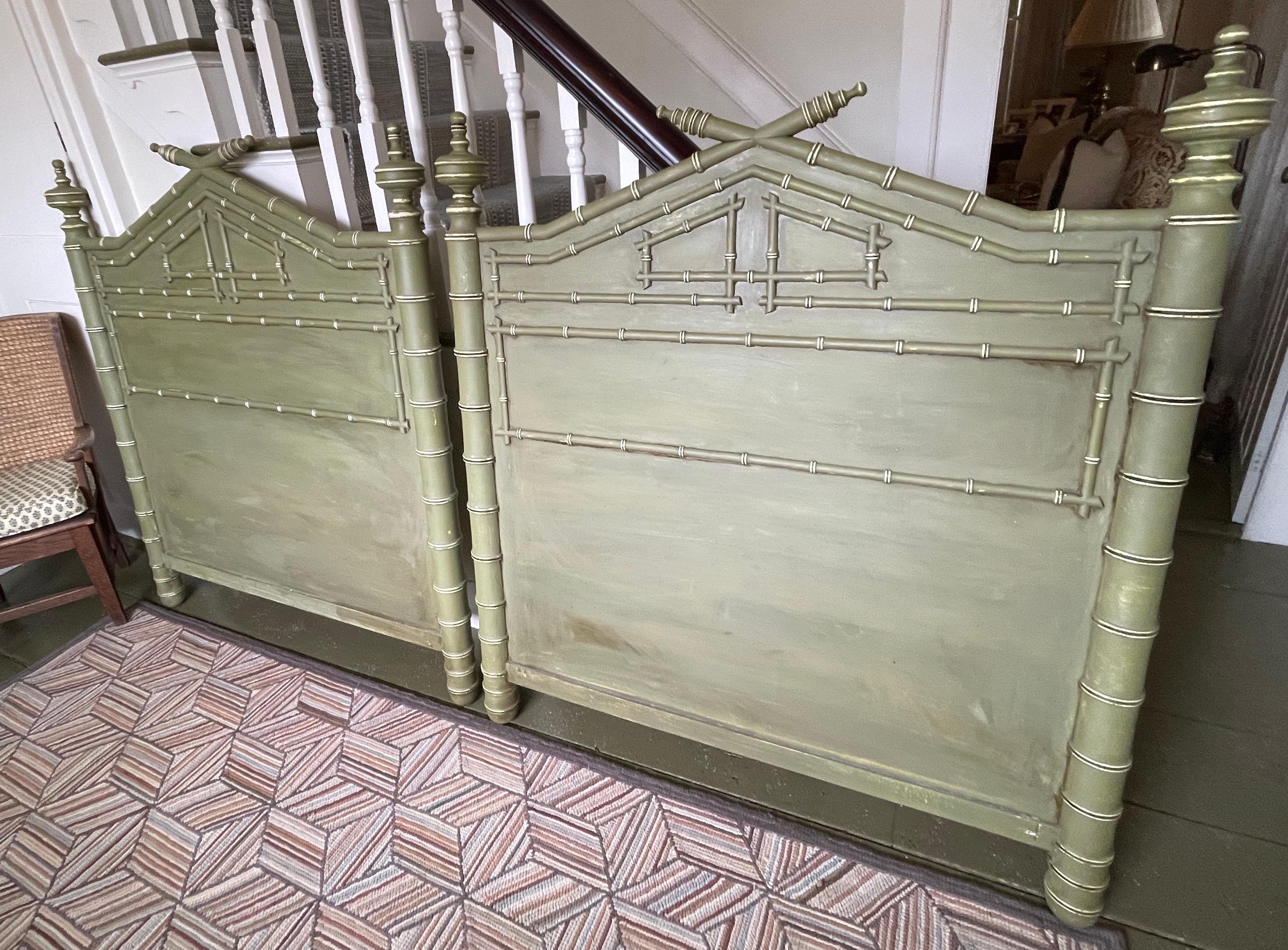 Pair of Faux Bamboo Carved Twin Headboards in Green Paint In Good Condition In Nantucket, MA