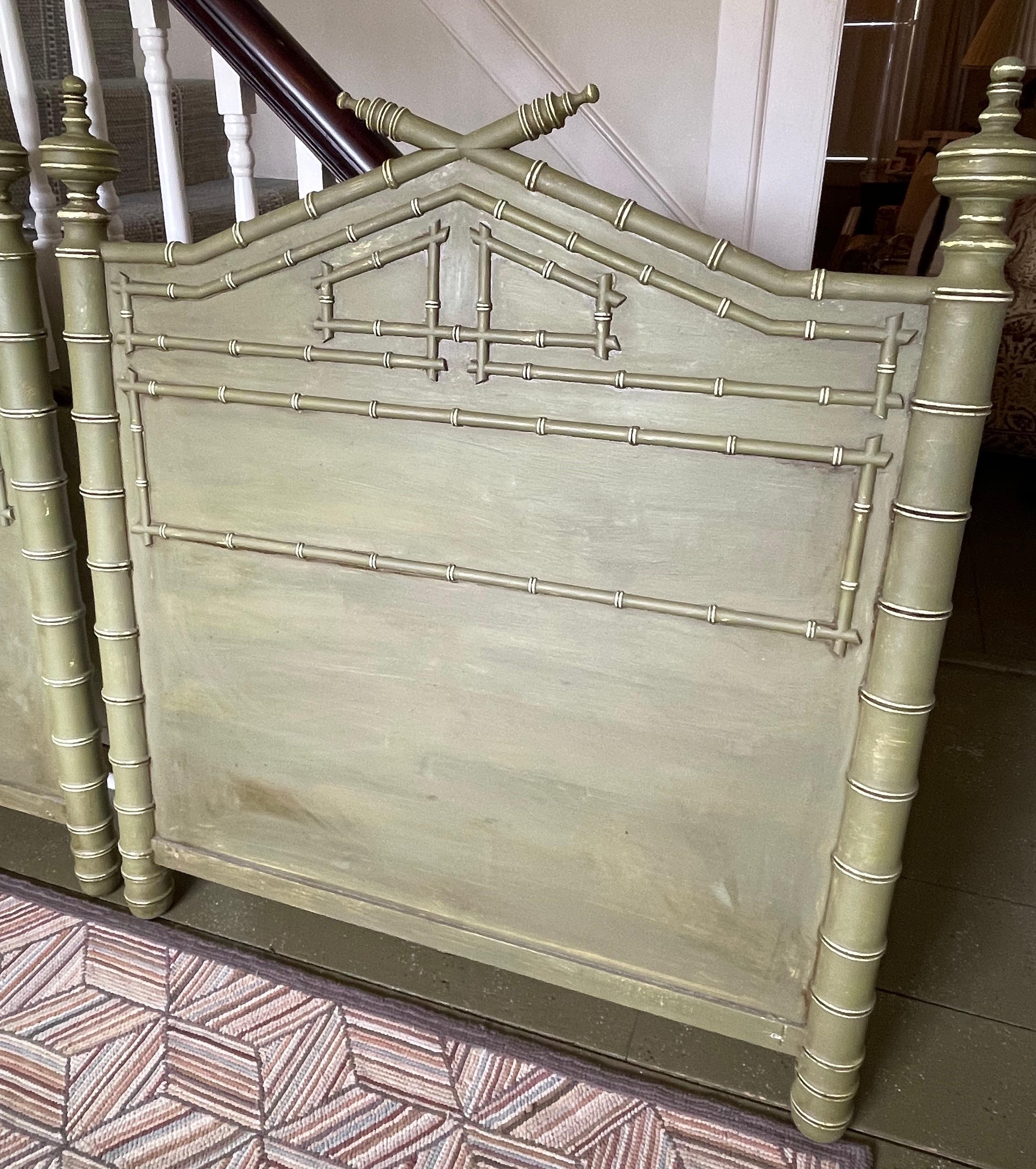 Contemporary Pair of Faux Bamboo Carved Twin Headboards in Green Paint