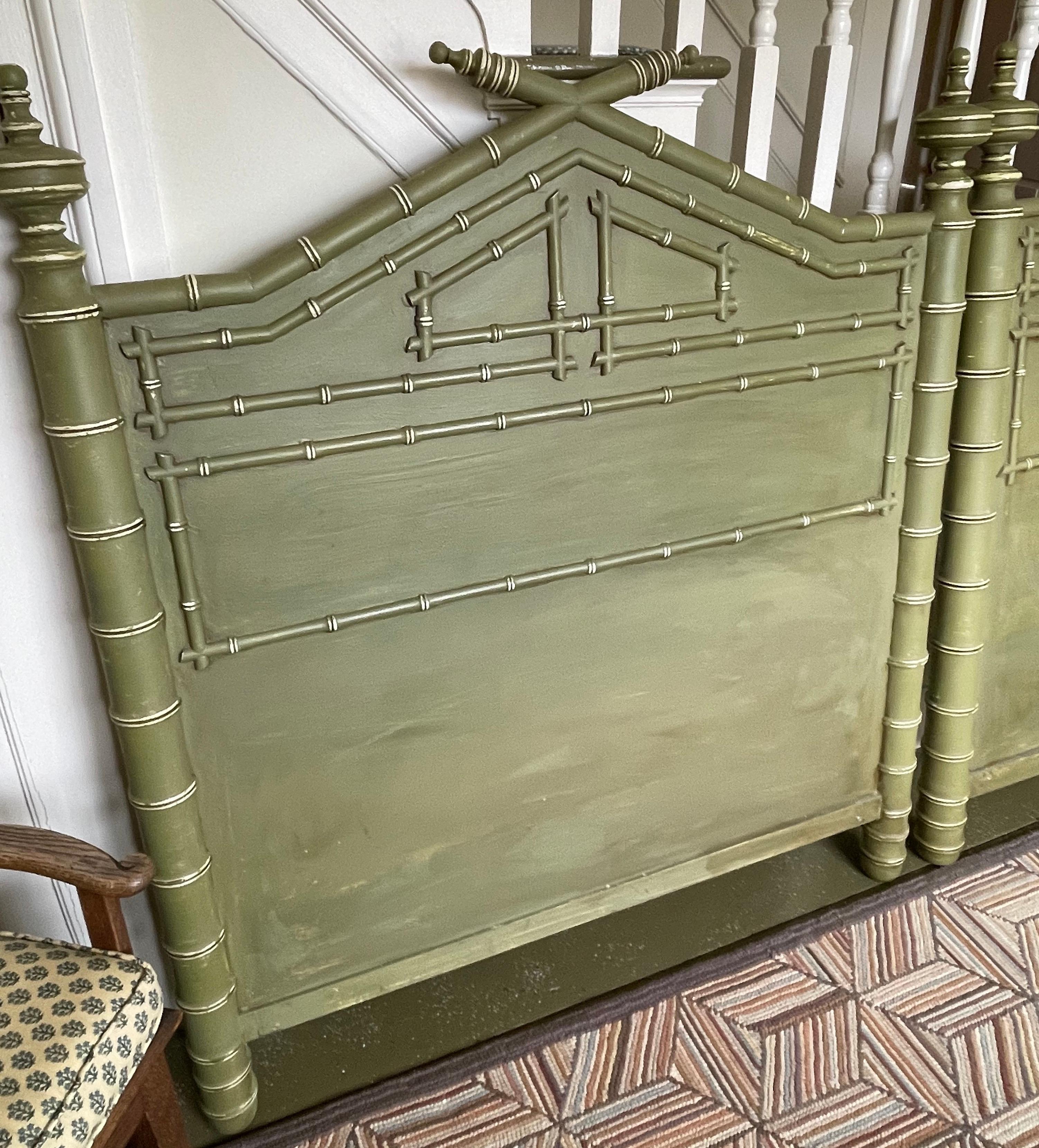 Wood Pair of Faux Bamboo Carved Twin Headboards in Green Paint