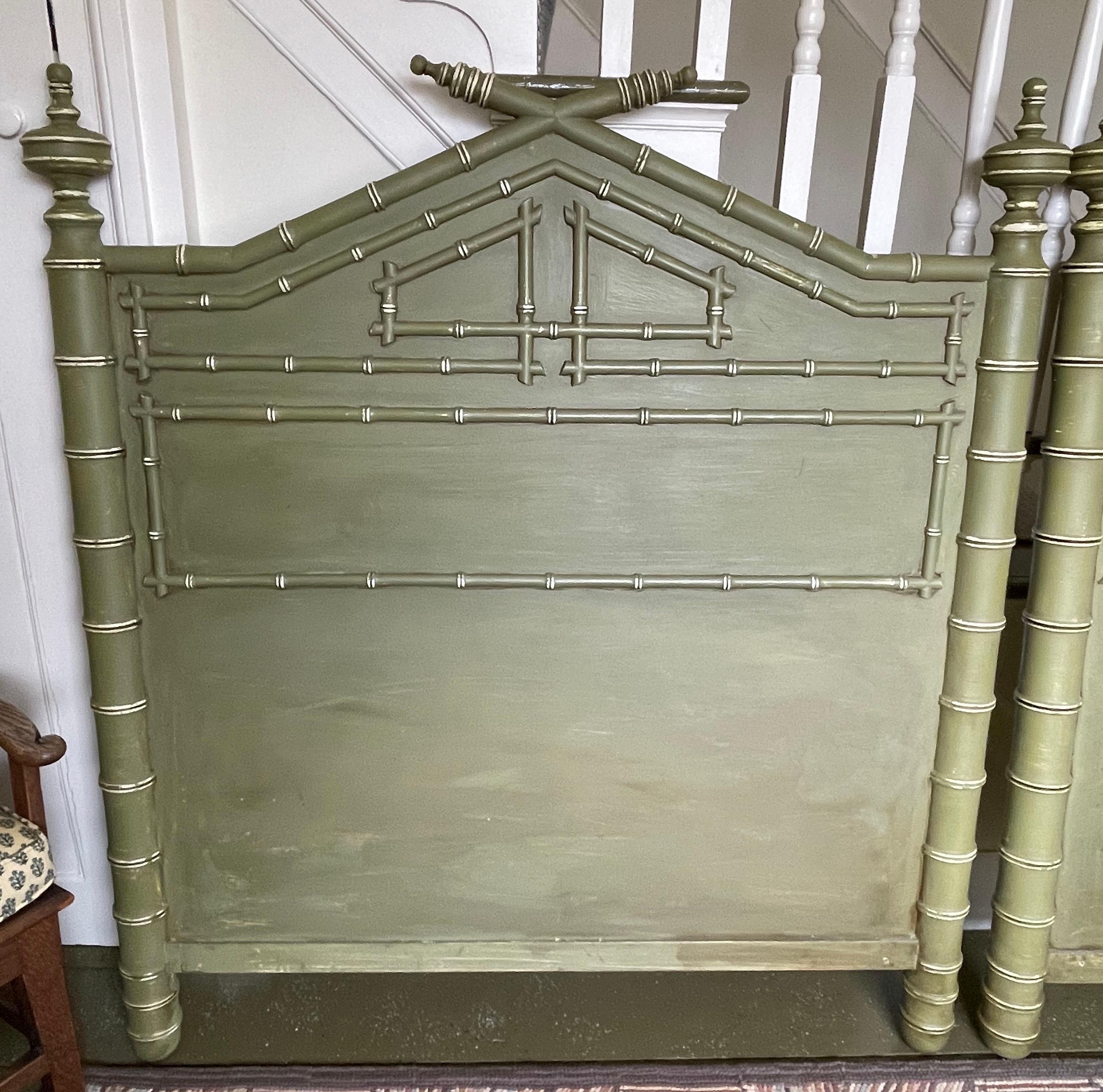 Pair of Faux Bamboo Carved Twin Headboards in Green Paint 1