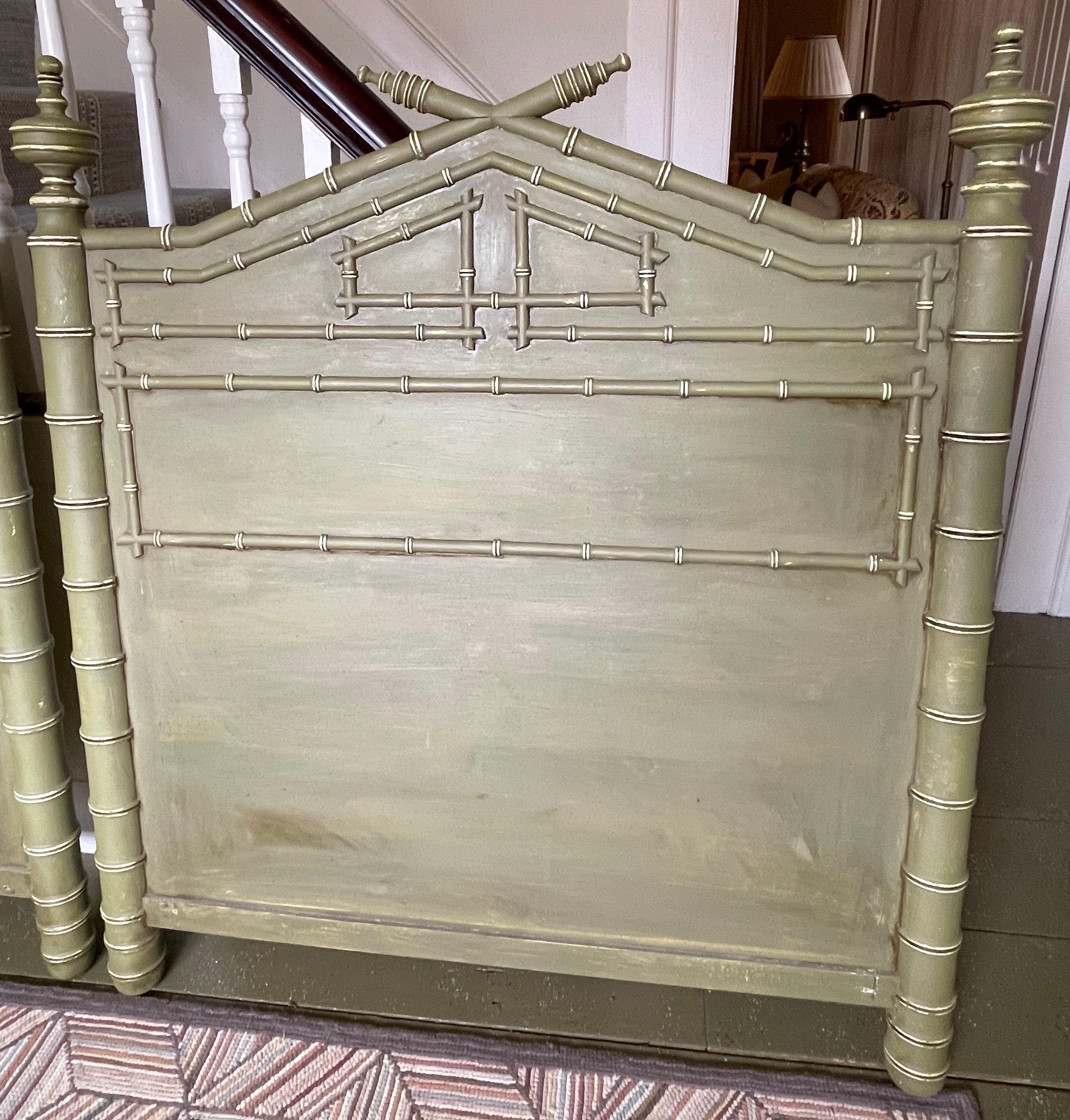 Pair of Faux Bamboo Carved Twin Headboards in Green Paint 2