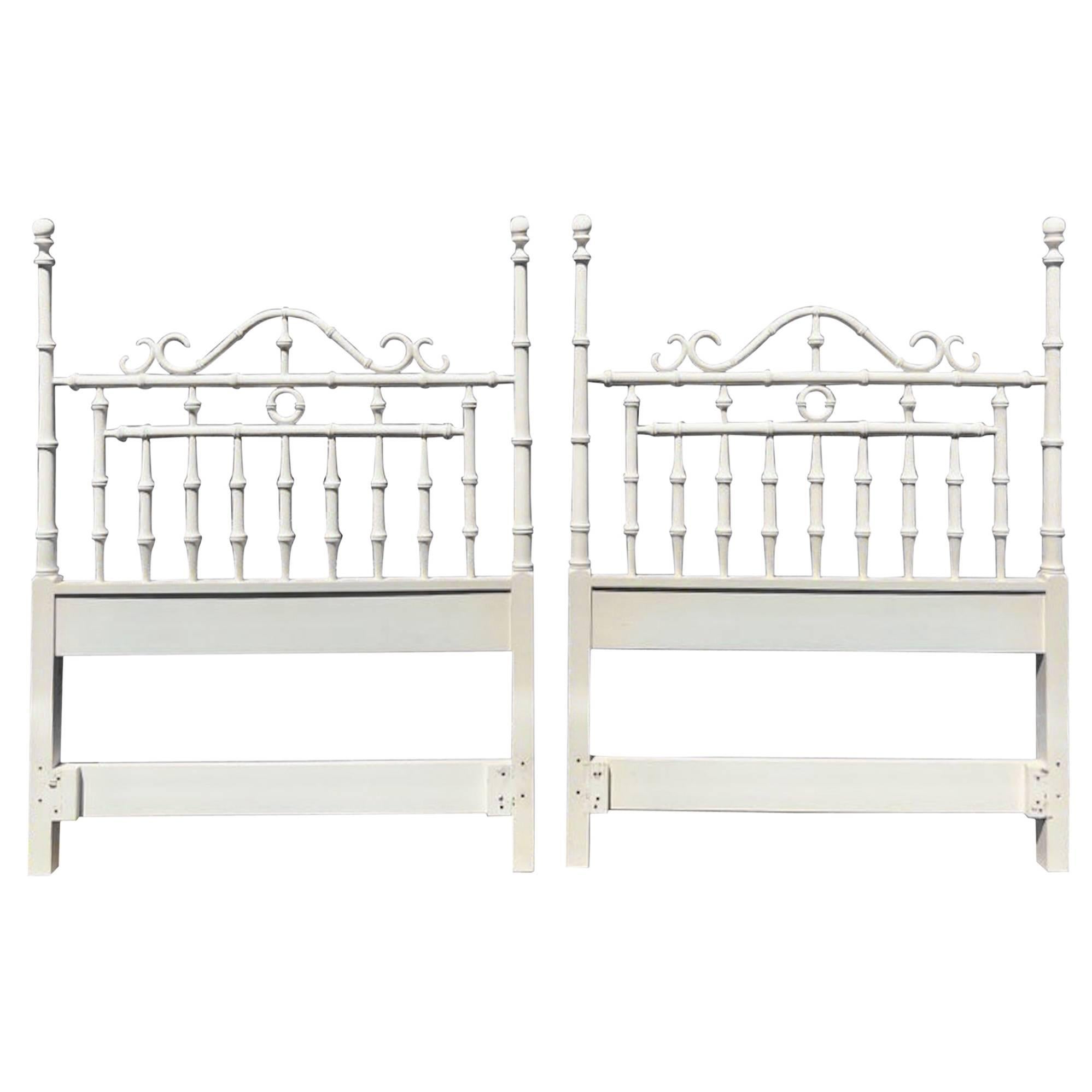 Pair of Faux Bamboo Carved Wood Twin Headboards in White
