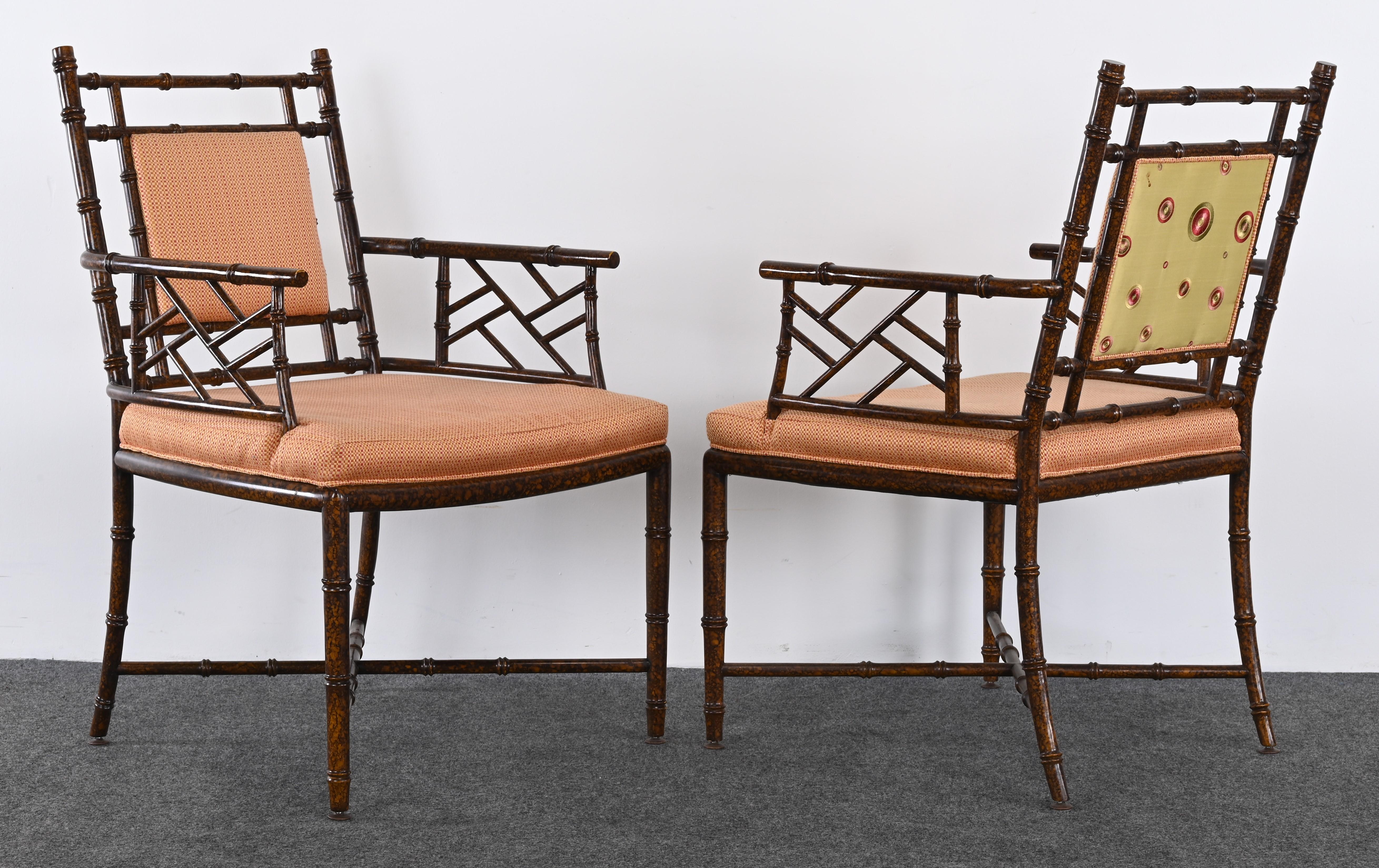 A pair of Faux Bamboo Regency or Chinese Chippendale style armchairs by Pearson labeled 2018. The frame is made of maple wood. The decorative armchairs are structurally sound with minimal minor wear to finish, as shown in the images. New upholstery