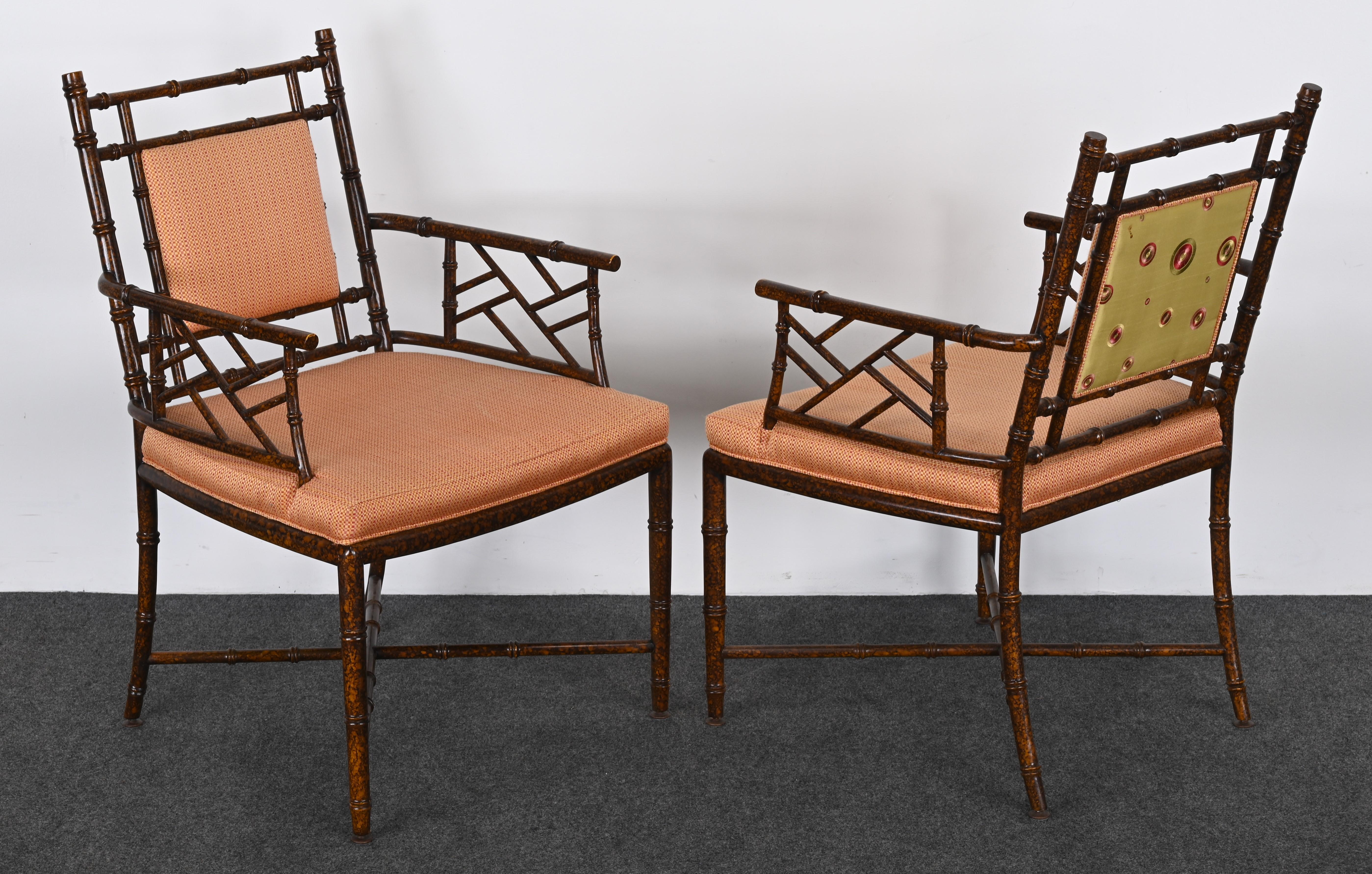 Chinese Chippendale Pair of Faux Bamboo Chairs by Pearson For Sale