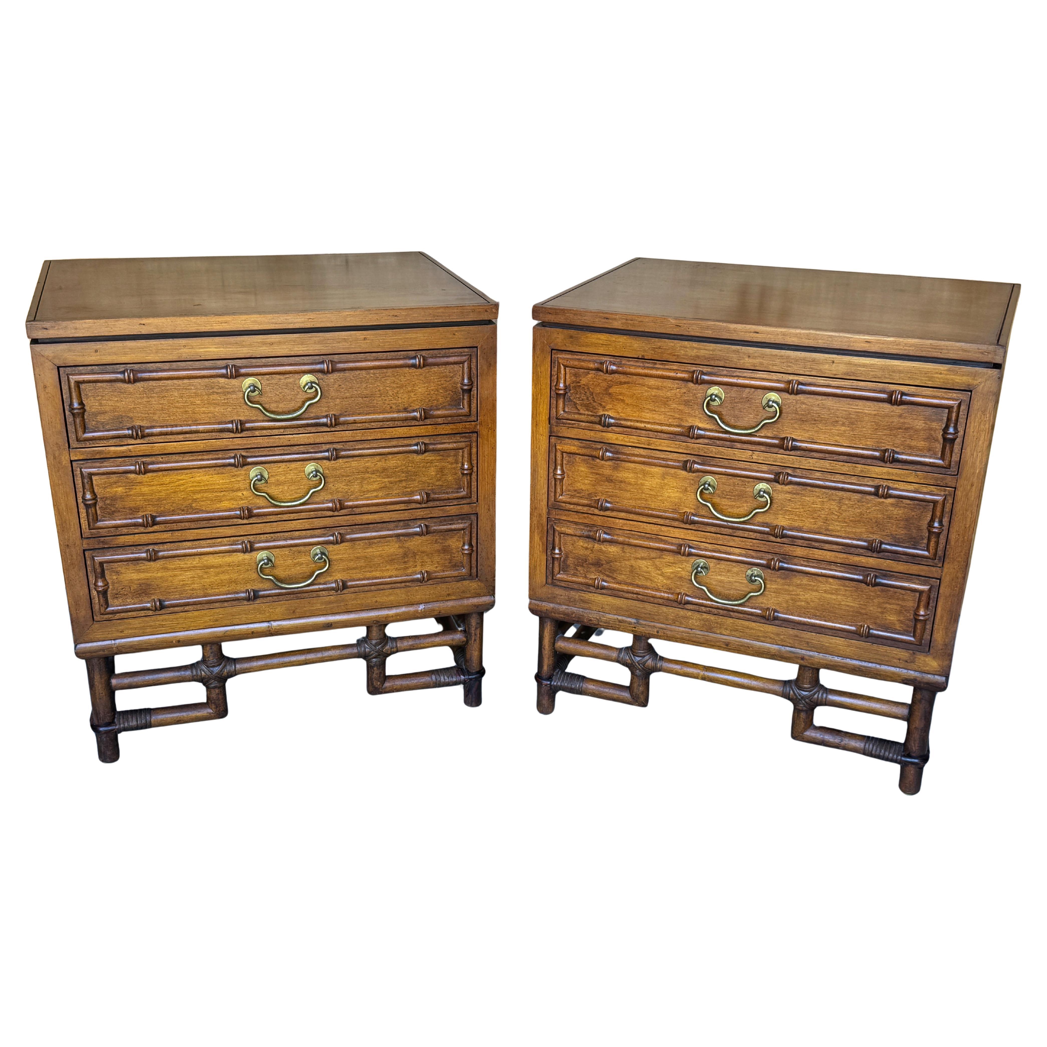 Pair of Faux Bamboo Chests by Ficks Reed, Mid-Century Campaign Style Nightstands