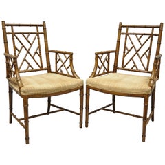 Pair of Faux Bamboo Chinese Chippendale Fretwork Armchair Hollywood Regency