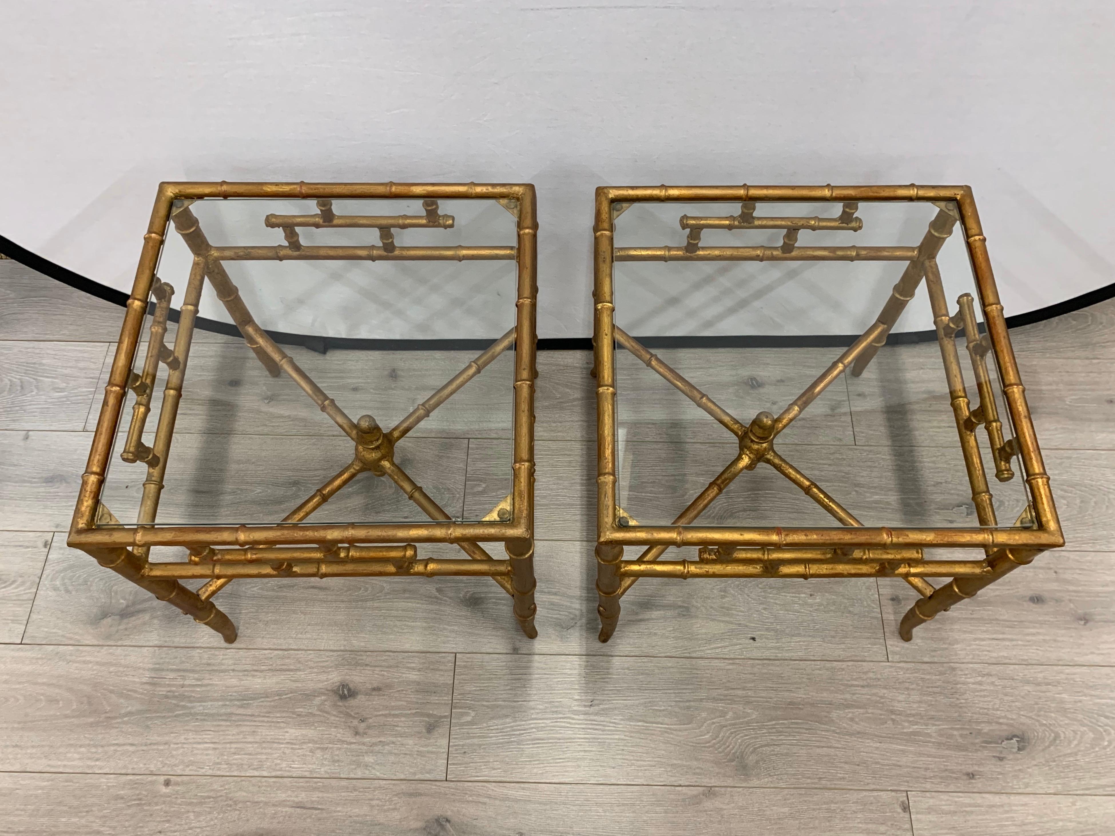 Pair of Faux Bamboo Chinese Chippendale Gold Gilt Tables End Side 1