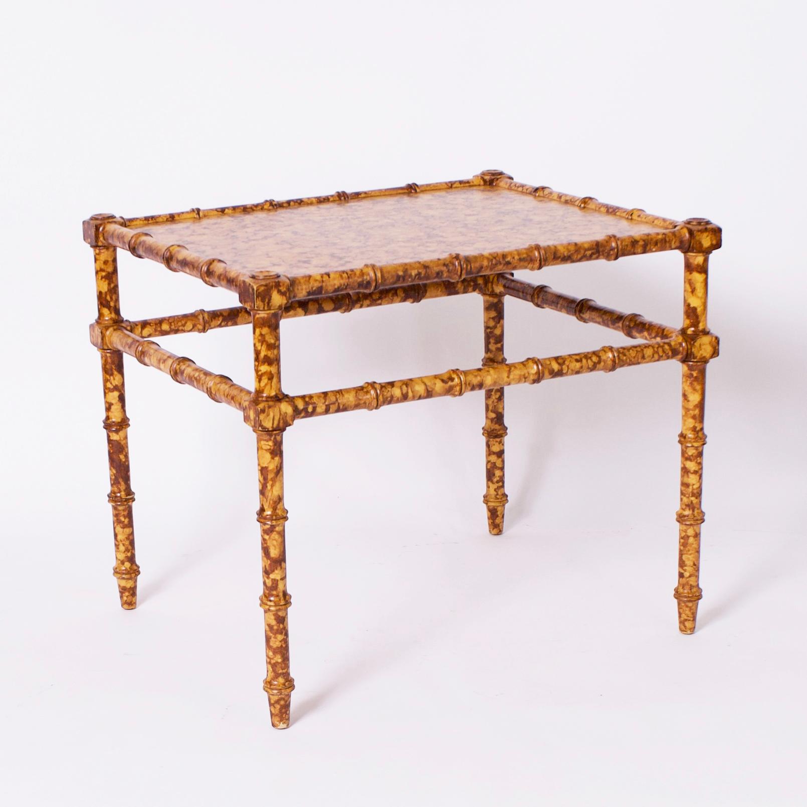 Mid-Century Modern Pair of Faux Bamboo Faux Tortoise Stands or Tables For Sale