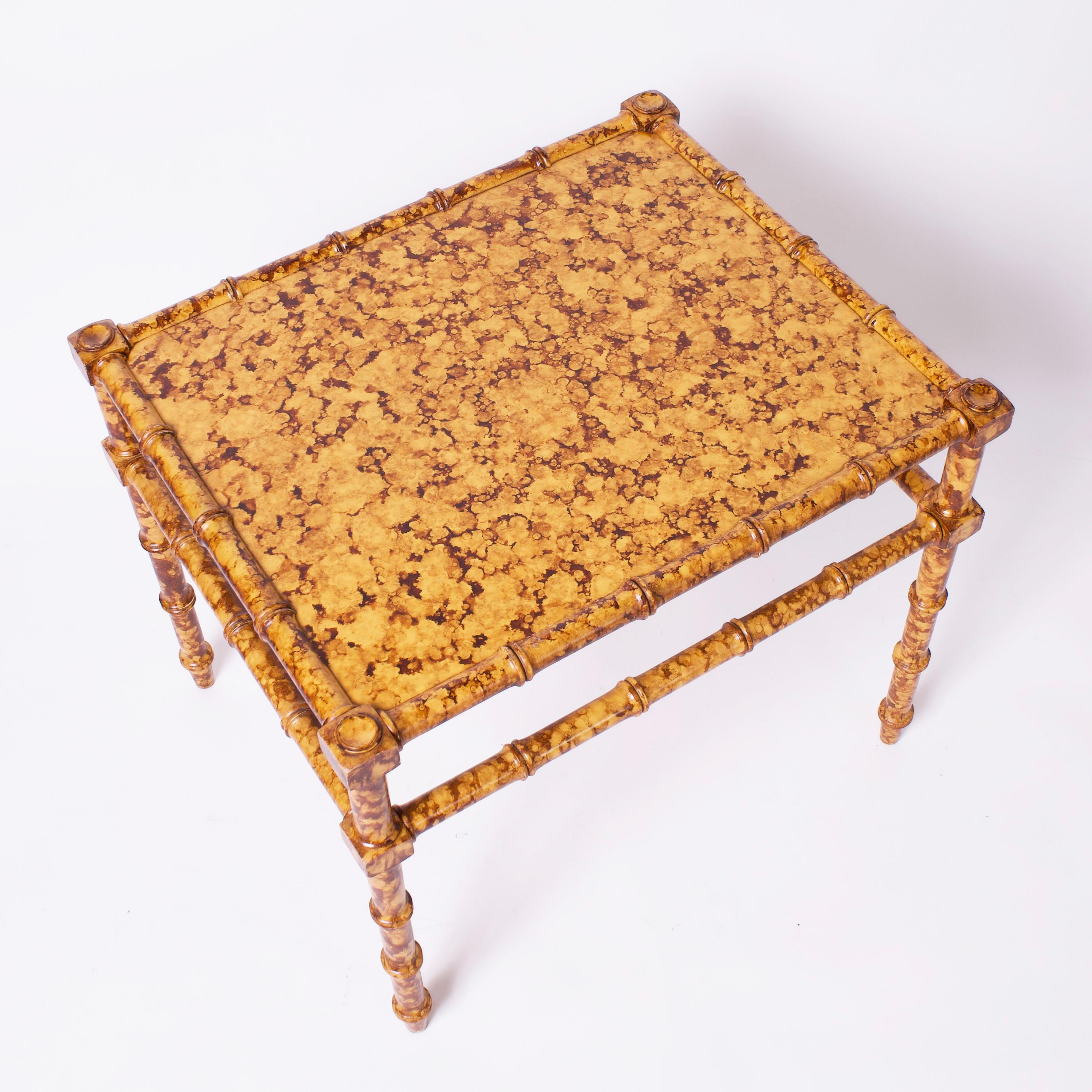 Hand-Crafted Pair of Faux Bamboo Faux Tortoise Stands or Tables For Sale