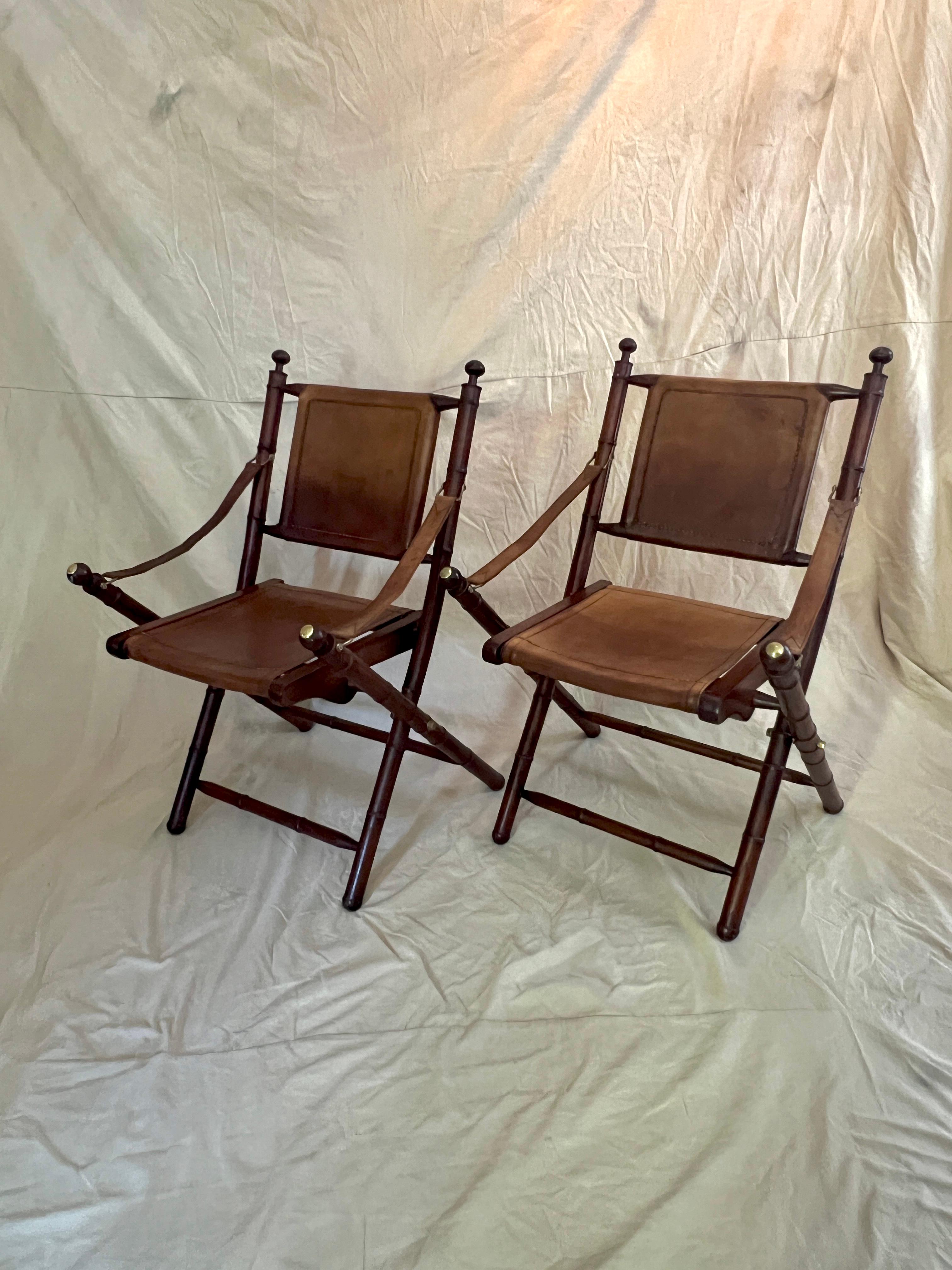 Pair of Faux Bamboo Folding Leather and Wood Campaign Chairs with Brass Details For Sale 4