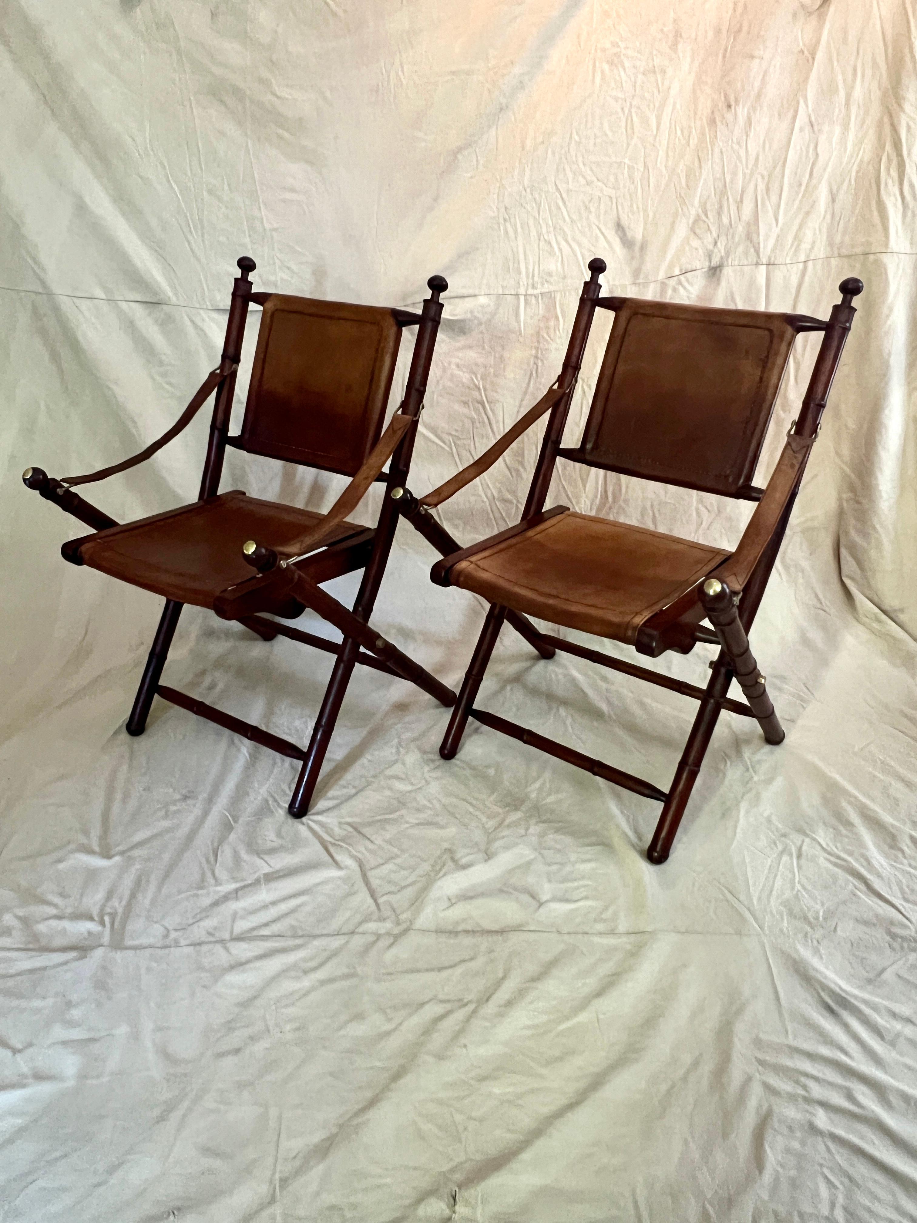 Pair of Faux Bamboo Folding Leather and Wood Campaign Chairs with Brass Details For Sale 5
