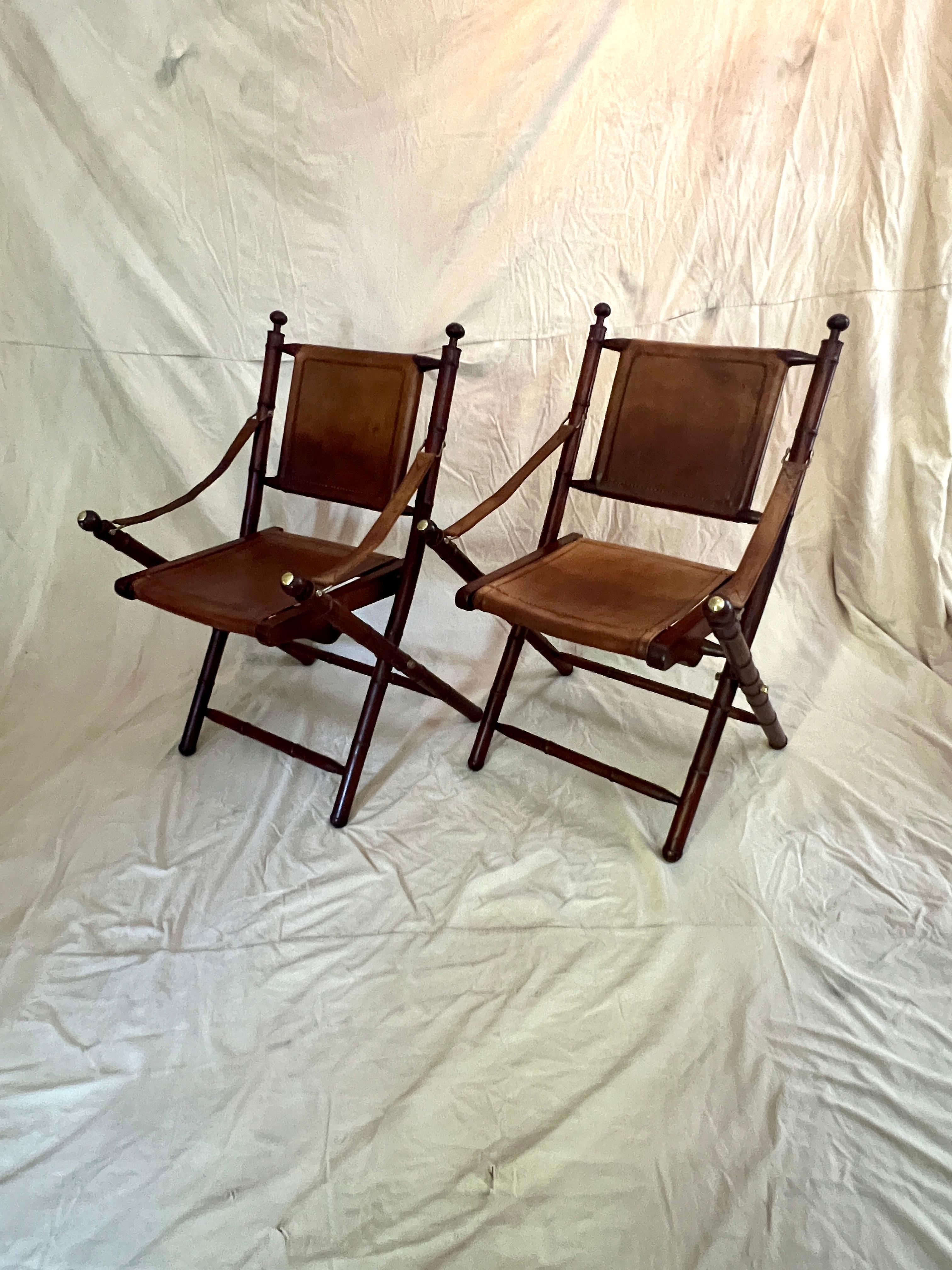 Pair of Faux Bamboo Folding Leather and Wood Campaign Chairs with Brass Details For Sale 6
