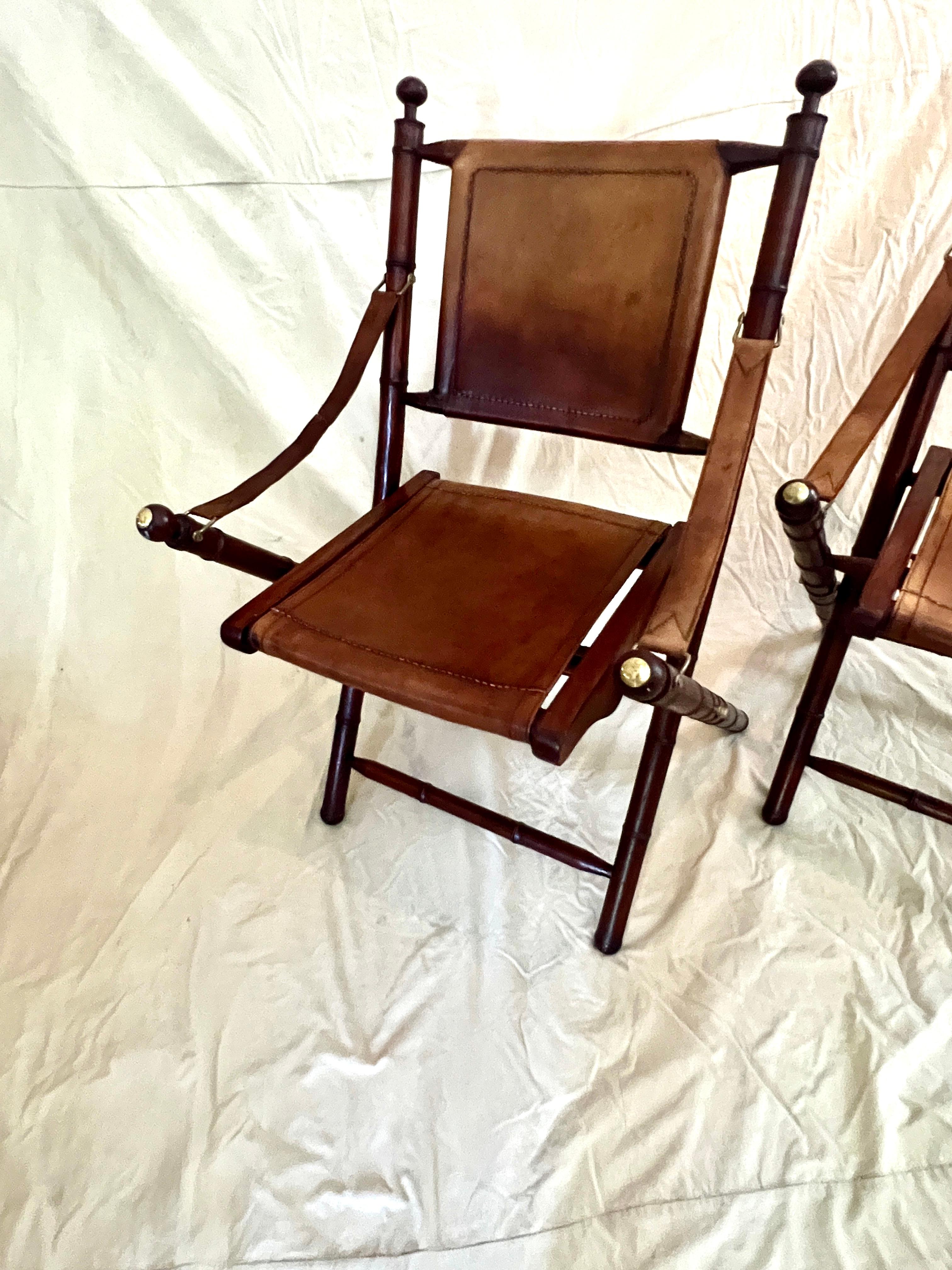 Pair of Faux Bamboo Folding Leather and Wood Campaign Chairs with Brass Details For Sale 7