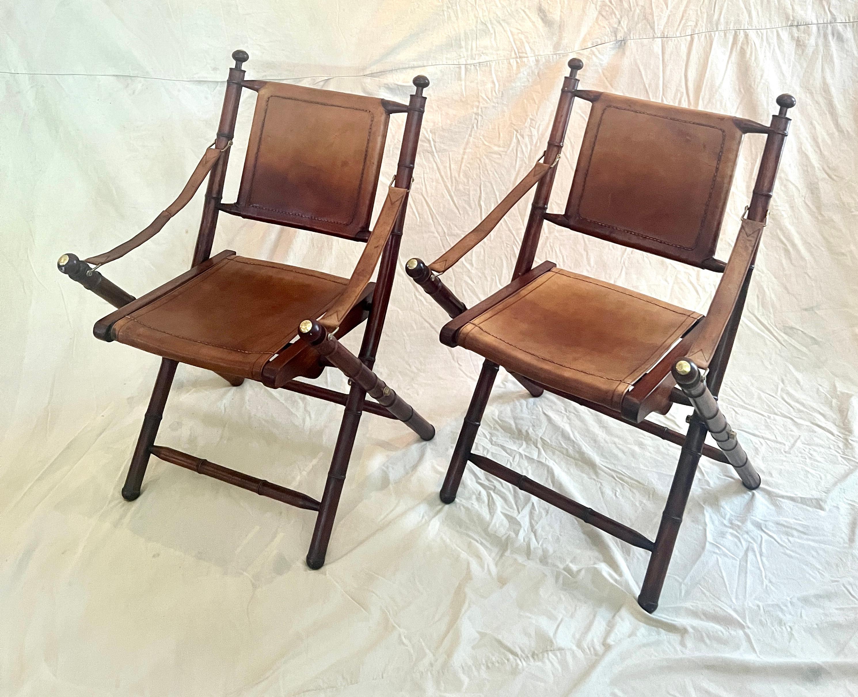 Pair of Faux Bamboo Folding Leather and Wood Campaign Chairs with Brass Details For Sale 9