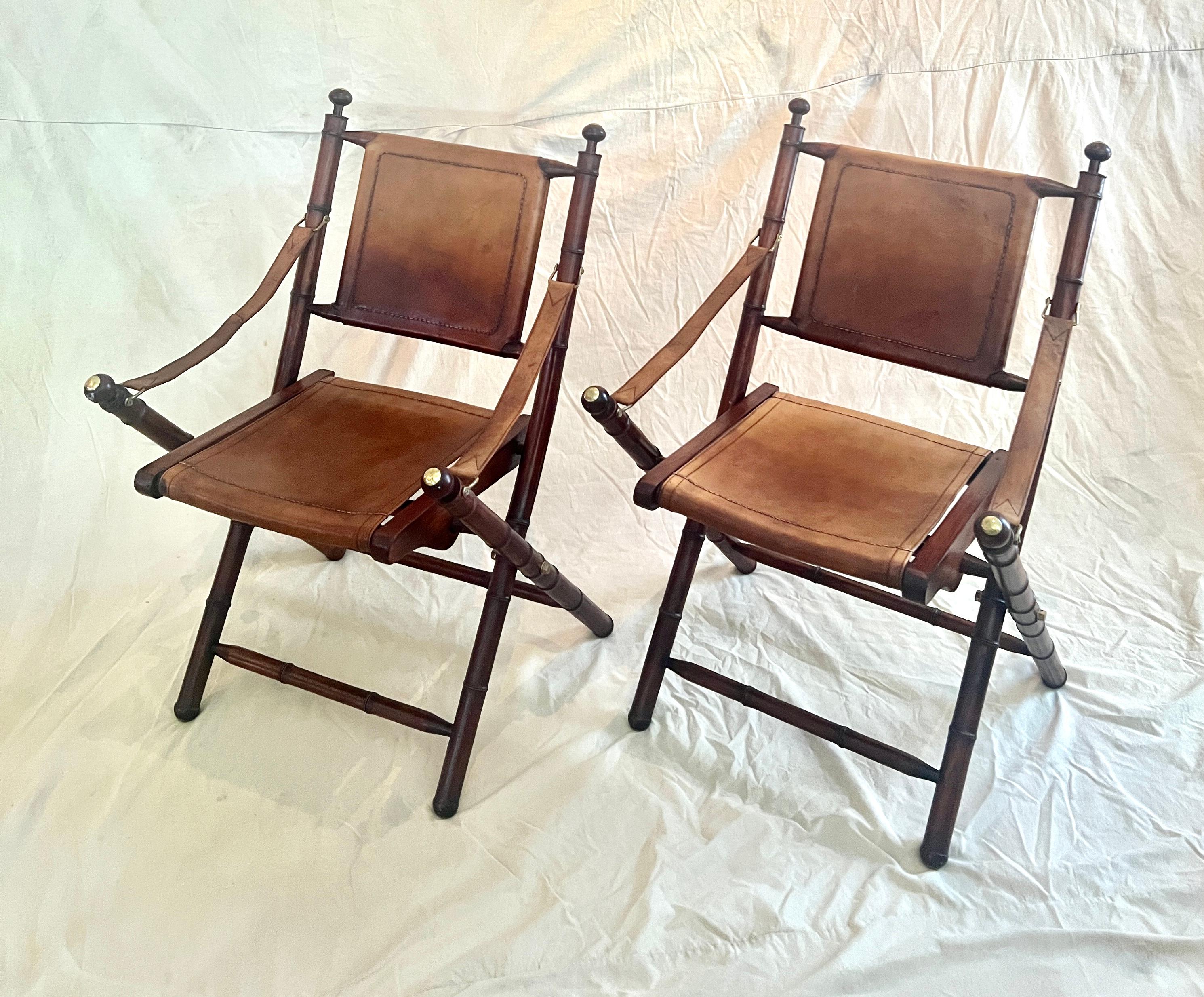 Pair of Faux Bamboo Folding Leather and Wood Campaign Chairs with Brass Details For Sale 11