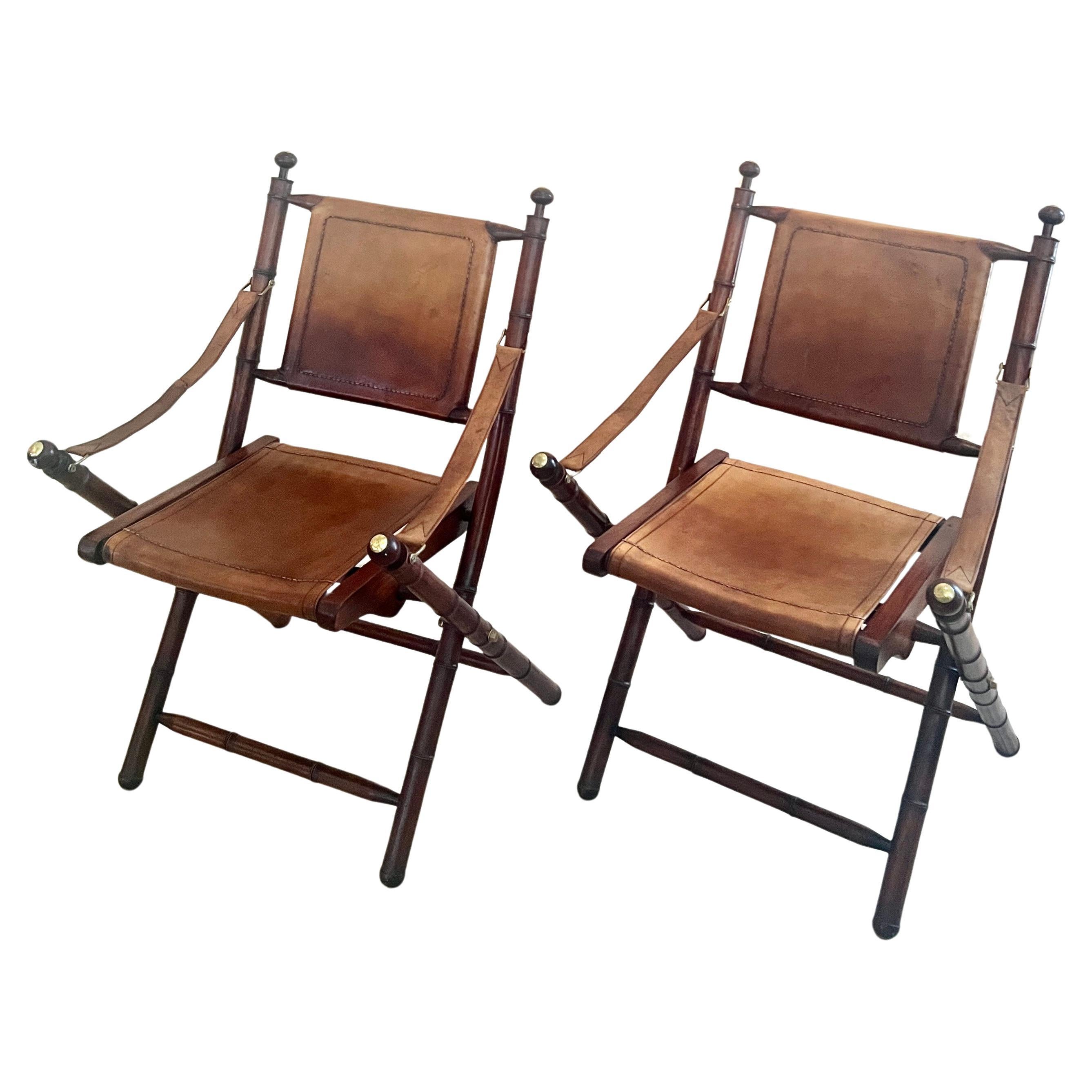 French Pair of Faux Bamboo Folding Leather and Wood Campaign Chairs with Brass Details For Sale