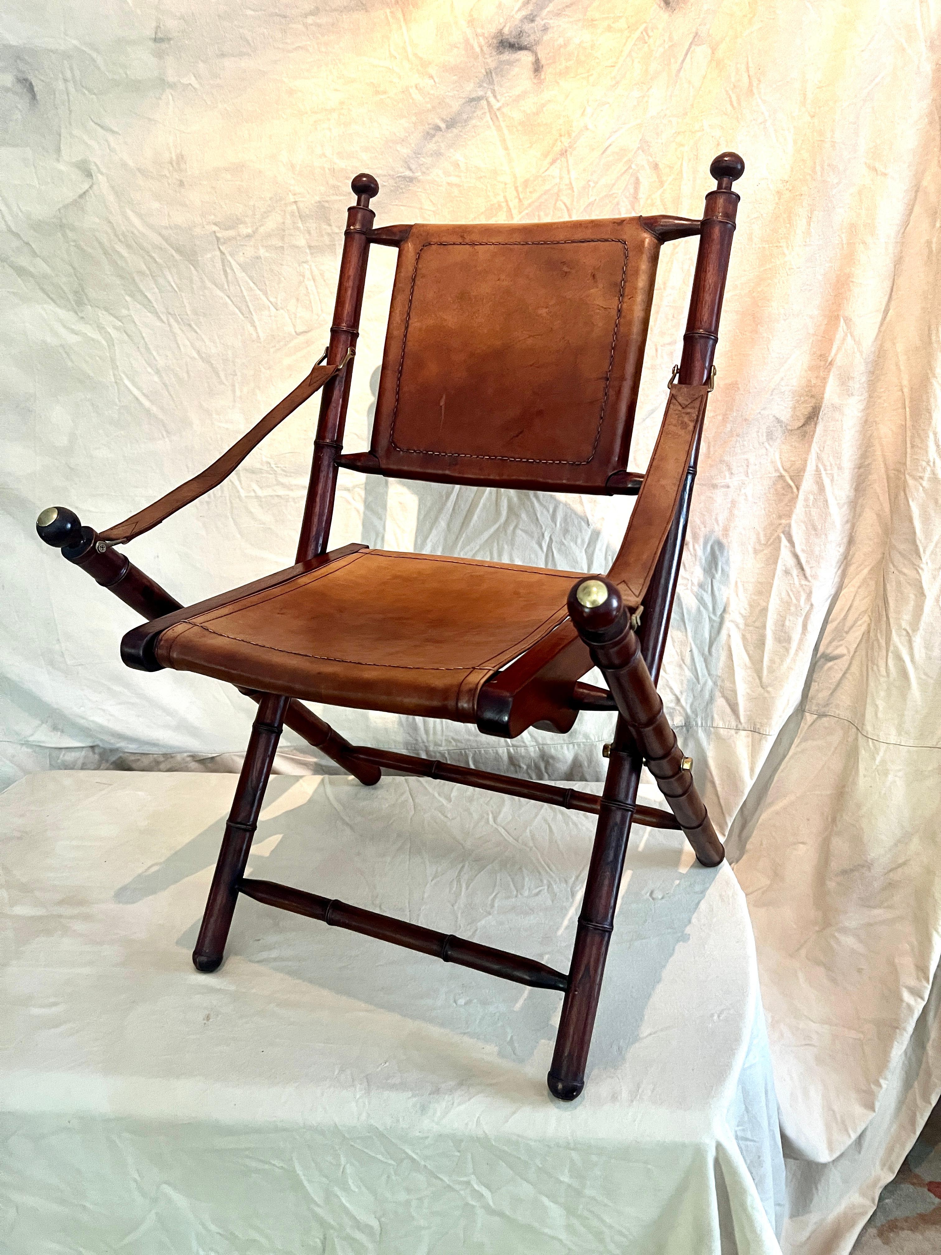 Hand-Crafted Pair of Faux Bamboo Folding Leather and Wood Campaign Chairs with Brass Details For Sale