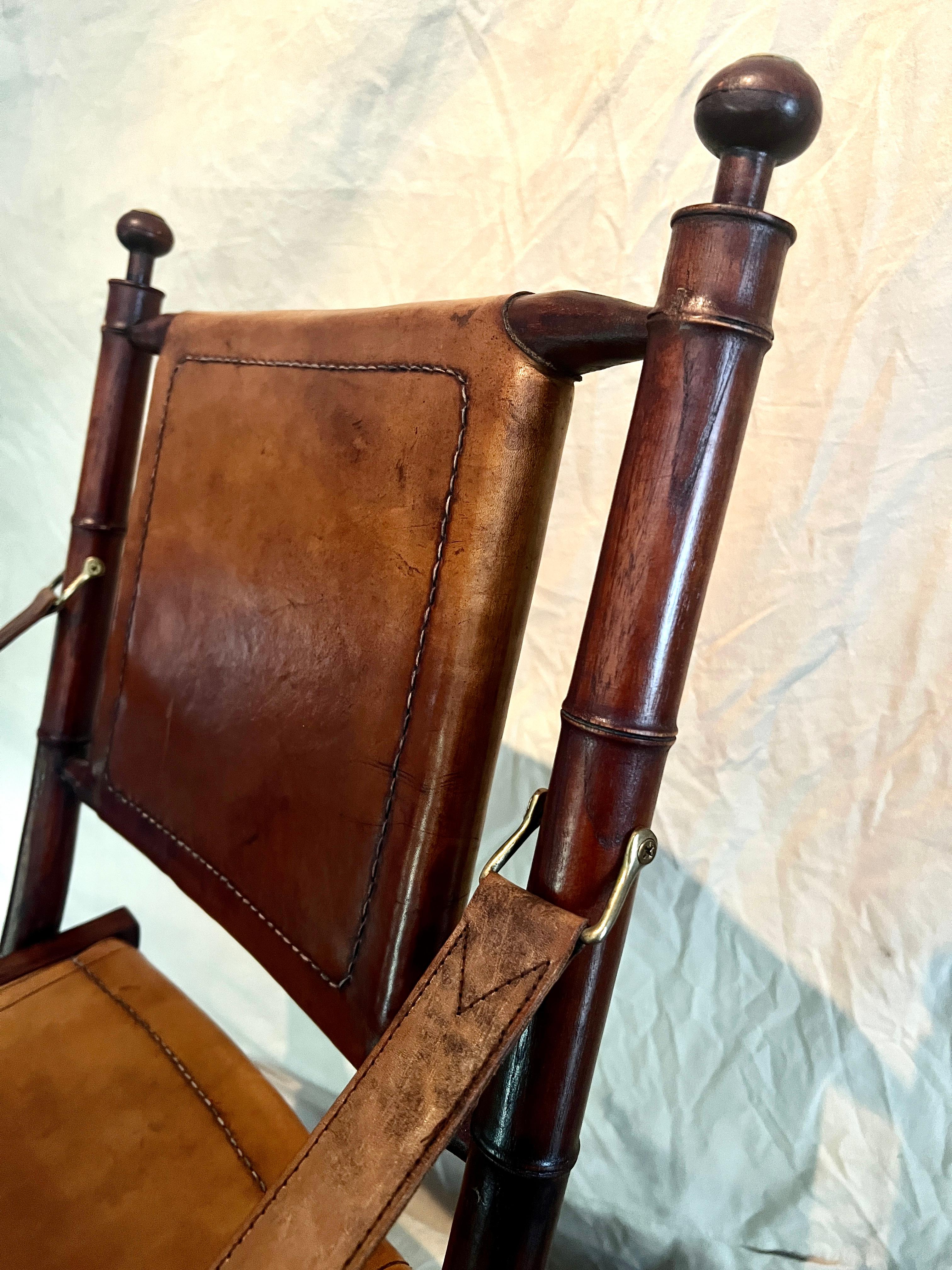 20th Century Pair of Faux Bamboo Folding Leather and Wood Campaign Chairs with Brass Details For Sale